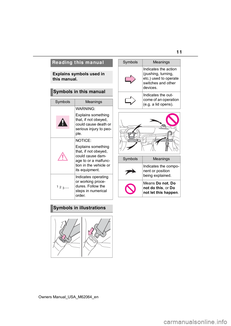 TOYOTA MIRAI 2023 User Guide 11
Owners Manual_USA_M62064_en
Reading this manual
Explains symbols used in
this manual.
Symbols in this manual
SymbolsMeanings
WARNING:
Explains something
that, if not obeyed,
could cause death or TOYOTA MIRAI 2023 User Guide 11
Owners Manual_USA_M62064_en
Reading this manual
Explains symbols used in
this manual.
Symbols in this manual
SymbolsMeanings
WARNING:
Explains something
that, if not obeyed,
could cause death or
