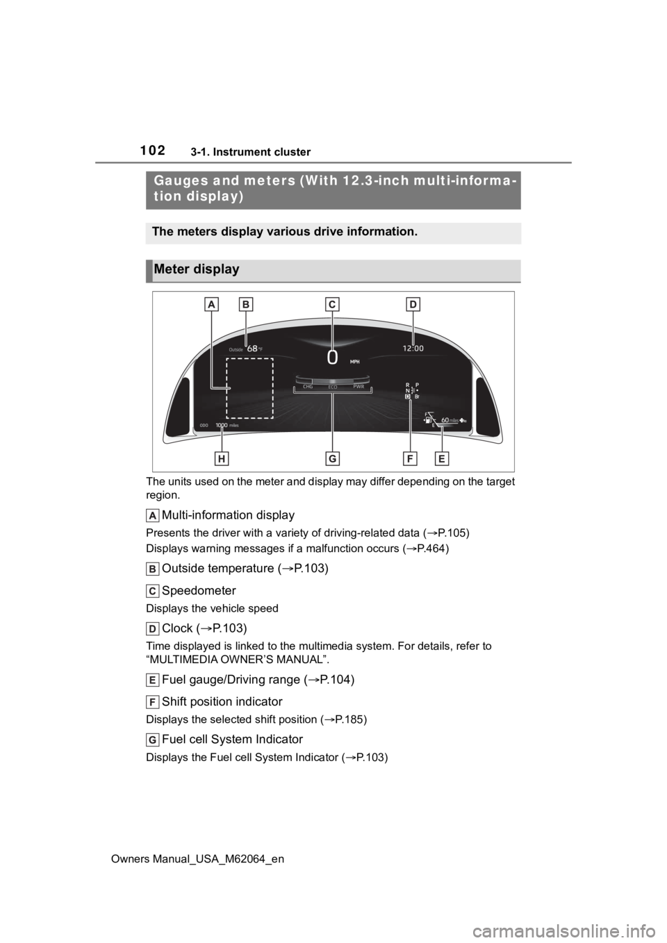 TOYOTA MIRAI 2023 Owners Manual 1023-1. Instrument cluster
Owners Manual_USA_M62064_enThe units used on the meter and display may differ depending on
the target
region.
Multi-information display
Presents the driver with a variety TOYOTA MIRAI 2023 Owners Manual 1023-1. Instrument cluster
Owners Manual_USA_M62064_enThe units used on the meter and display may differ depending on
the target
region.
Multi-information display
Presents the driver with a variety