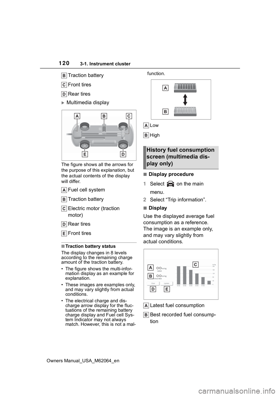 TOYOTA MIRAI 2023  Owners Manual 1203-1. Instrument cluster
Owners Manual_USA_M62064_en
Traction battery
Front tires
Rear tires
Multimedia display
The figure shows all the arrows for 
the purpose of this explanation, but 
the actu