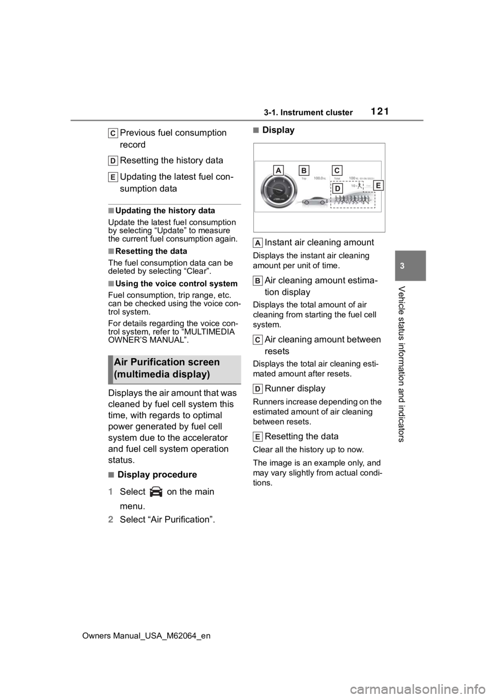 TOYOTA MIRAI 2023 Owners Manual 1213-1. Instrument cluster
Owners Manual_USA_M62064_en
3
Vehicle status information and indicators
Previous fuel consumption
record
Resetting the history data
Updating the latest fuel con-
sumption d TOYOTA MIRAI 2023 Owners Manual 1213-1. Instrument cluster
Owners Manual_USA_M62064_en
3
Vehicle status information and indicators
Previous fuel consumption
record
Resetting the history data
Updating the latest fuel con-
sumption d