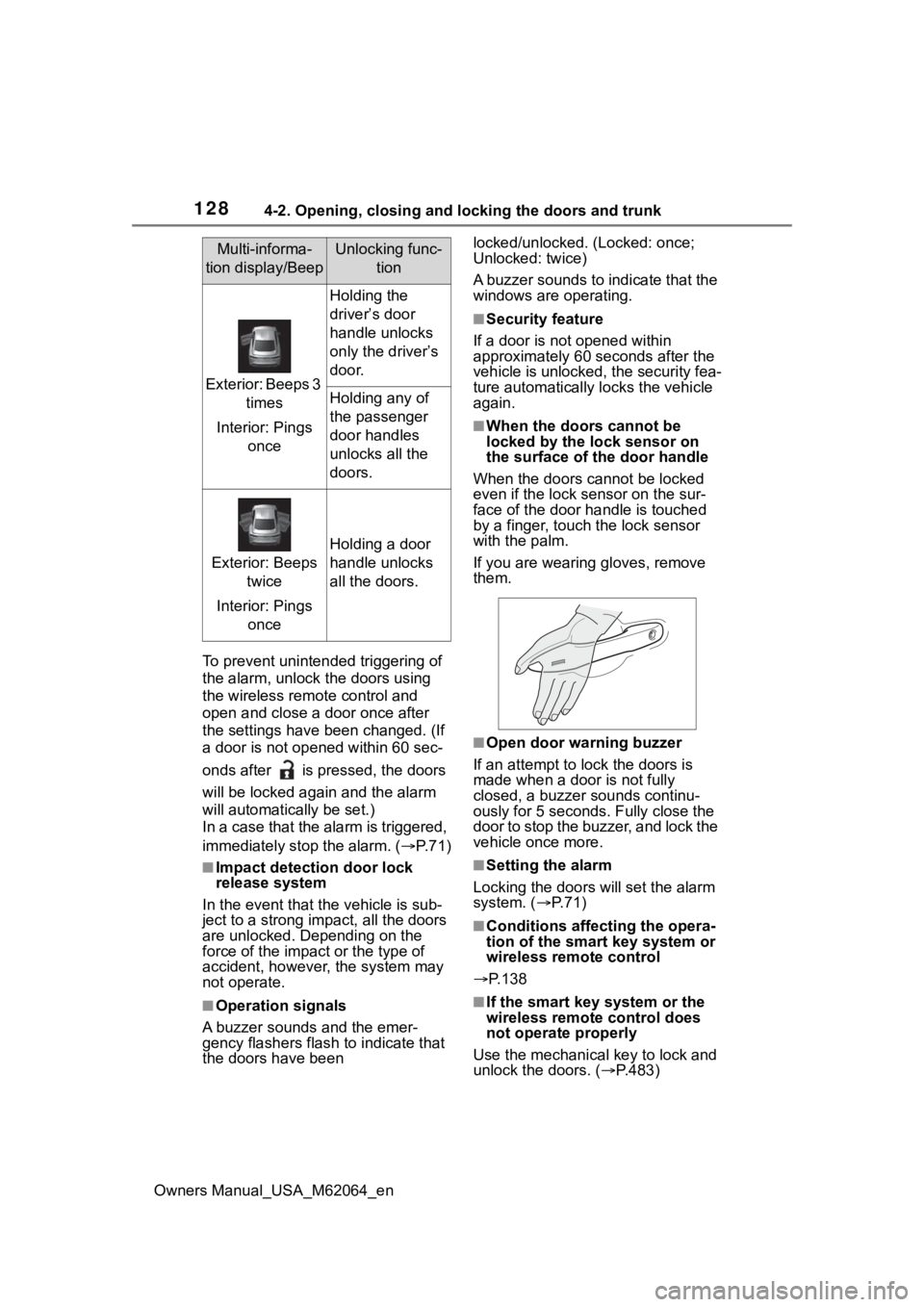 TOYOTA MIRAI 2023 Owners Manual 1284-2. Opening, closing and locking the doors and trunk
Owners Manual_USA_M62064_enTo prevent unintended triggering of
the alarm, unlock
the doors using
the wireless remote control and
open and c TOYOTA MIRAI 2023 Owners Manual 1284-2. Opening, closing and locking the doors and trunk
Owners Manual_USA_M62064_enTo prevent unintended triggering of
the alarm, unlock
the doors using
the wireless remote control and
open and c
