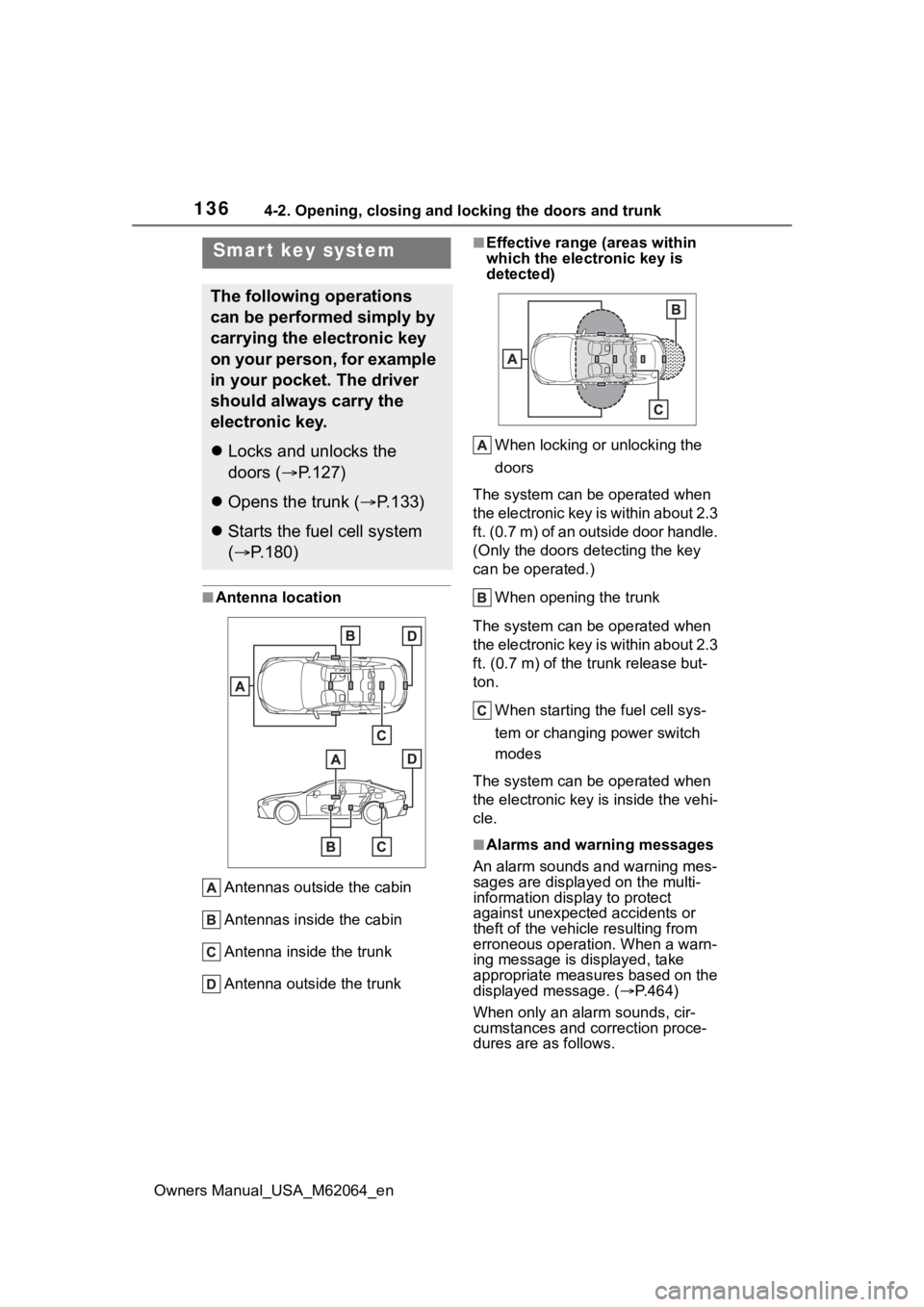 TOYOTA MIRAI 2023 Owners Manual 1364-2. Opening, closing and locking the doors and trunk
Owners Manual_USA_M62064_en
■Antenna location
Antennas outside the cabin
Antennas inside the cabin
Antenna inside the trunk
Antenna outside t TOYOTA MIRAI 2023 Owners Manual 1364-2. Opening, closing and locking the doors and trunk
Owners Manual_USA_M62064_en
■Antenna location
Antennas outside the cabin
Antennas inside the cabin
Antenna inside the trunk
Antenna outside t