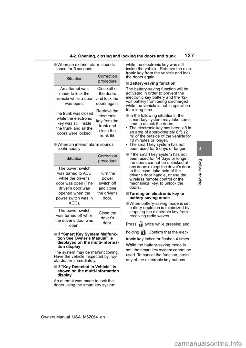 TOYOTA MIRAI 2023 Owners Manual 1374-2. Opening, closing and locking the doors and trunk
Owners Manual_USA_M62064_en
4
Before driving
●When an exterior alarm sounds
once for 5 seconds
●When an interior alarm sounds
continuousl TOYOTA MIRAI 2023 Owners Manual 1374-2. Opening, closing and locking the doors and trunk
Owners Manual_USA_M62064_en
4
Before driving
●When an exterior alarm sounds
once for 5 seconds
●When an interior alarm sounds
continuousl