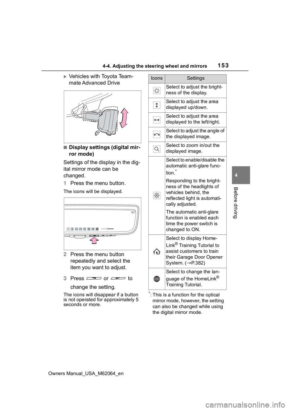 TOYOTA MIRAI 2023  Owners Manual 1534-4. Adjusting the steering wheel and mirrors
Owners Manual_USA_M62064_en
4
Before driving
Vehicles with Toyota Team-
mate Advanced Drive
■Display settings (digital mir-
ror mode)
Settings of 