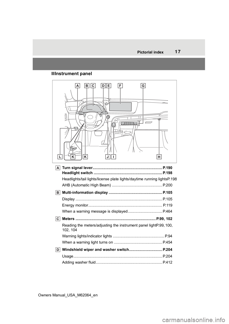 TOYOTA MIRAI 2023 User Guide 17Pictorial index
Owners Manual_USA_M62064_en
■ Instrument panel
Turn signal lever.............................................. ................... P.190
Headlight switch .......................... TOYOTA MIRAI 2023 User Guide 17Pictorial index
Owners Manual_USA_M62064_en
■ Instrument panel
Turn signal lever.............................................. ................... P.190
Headlight switch ..........................