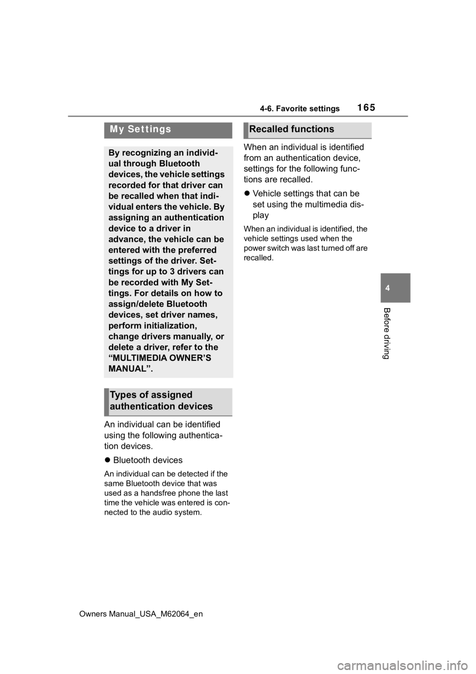 TOYOTA MIRAI 2023 Owners Manual 1654-6. Favorite settings
Owners Manual_USA_M62064_en
4
Before driving
4-6.Favorite settings
An individual can be identified
using the following authentica-
tion devices.
Bluetooth devices
An ind TOYOTA MIRAI 2023 Owners Manual 1654-6. Favorite settings
Owners Manual_USA_M62064_en
4
Before driving
4-6.Favorite settings
An individual can be identified
using the following authentica-
tion devices.
Bluetooth devices
An ind