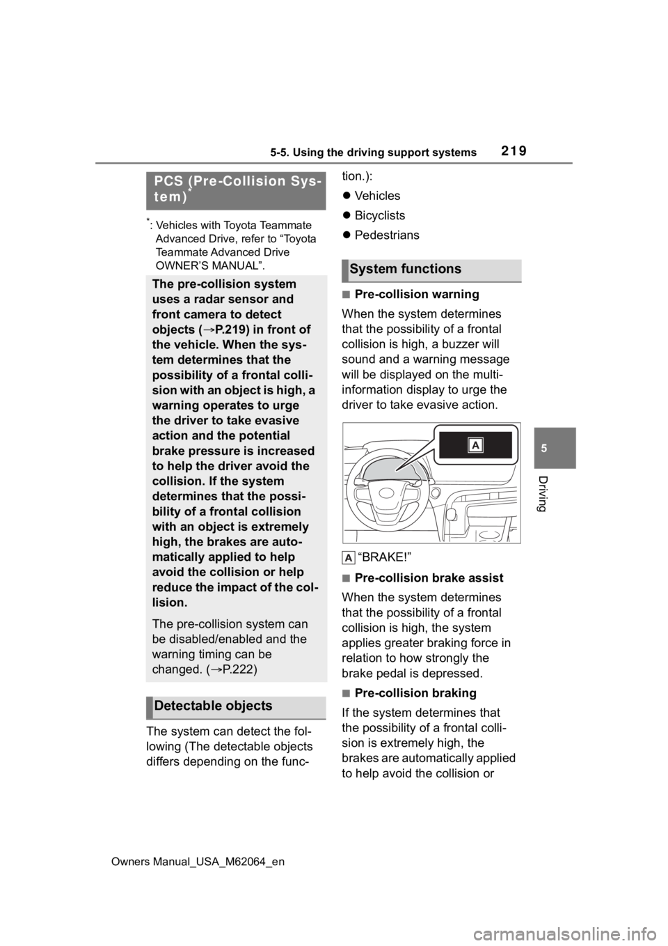 TOYOTA MIRAI 2023 Owners Manual 2195-5. Using the driving support systems
Owners Manual_USA_M62064_en
5
Driving
*: Vehicles with Toyota Teammate Advanced Drive, re fer to “Toyota
Teammate Advanced Drive
OWNER’S MANUAL”.
The TOYOTA MIRAI 2023 Owners Manual 2195-5. Using the driving support systems
Owners Manual_USA_M62064_en
5
Driving
*: Vehicles with Toyota Teammate Advanced Drive, re fer to “Toyota
Teammate Advanced Drive
OWNER’S MANUAL”.
The