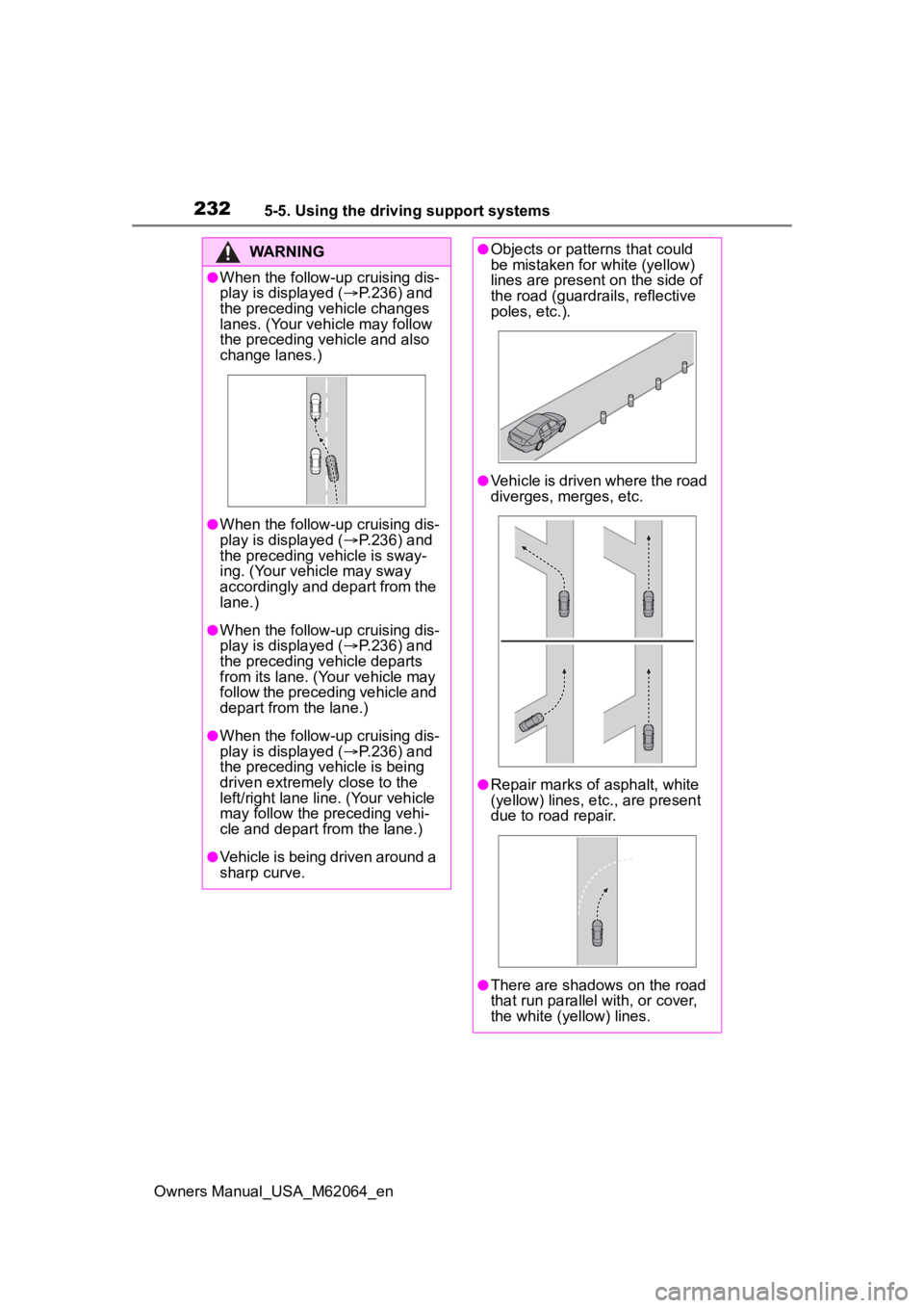 TOYOTA MIRAI 2023 Owners Manual 2325-5. Using the driving support systems
Owners Manual_USA_M62064_en
WARNING
●When the follow-up cruising dis-
play is displayed (P.236) and
the preceding vehicle changes
lanes. (Your vehicle TOYOTA MIRAI 2023 Owners Manual 2325-5. Using the driving support systems
Owners Manual_USA_M62064_en
WARNING
●When the follow-up cruising dis-
play is displayed (P.236) and
the preceding vehicle changes
lanes. (Your vehicle