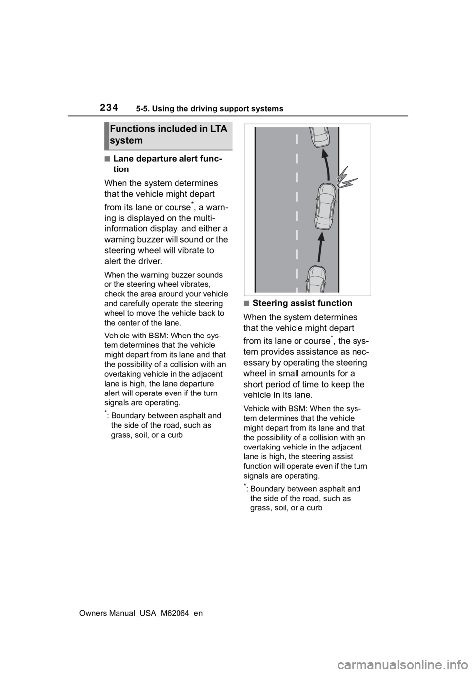 TOYOTA MIRAI 2023  Owners Manual 2345-5. Using the driving support systems
Owners Manual_USA_M62064_en
■Lane departure alert func-
tion
When the system determines 
that the vehicle might depart 
from its lane or course
*, a warn-
i