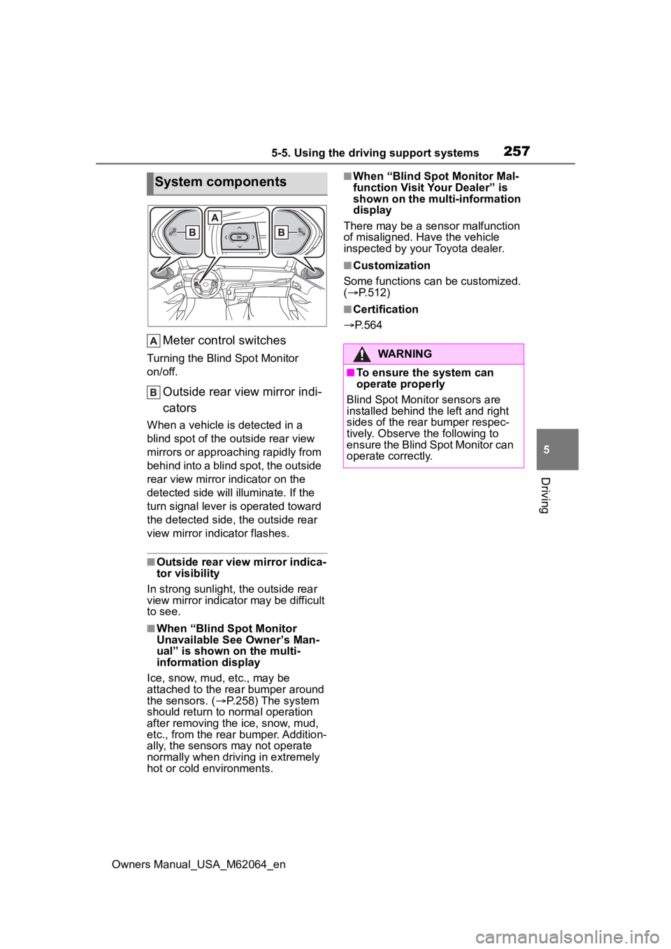TOYOTA MIRAI 2023 Owners Manual 2575-5. Using the driving support systems
Owners Manual_USA_M62064_en
5
Driving
Meter control switches
Turning the Blind Spot Monitor
on/off.
Outside rear view mirror indi-
cators
When a vehicle is d TOYOTA MIRAI 2023 Owners Manual 2575-5. Using the driving support systems
Owners Manual_USA_M62064_en
5
Driving
Meter control switches
Turning the Blind Spot Monitor
on/off.
Outside rear view mirror indi-
cators
When a vehicle is d