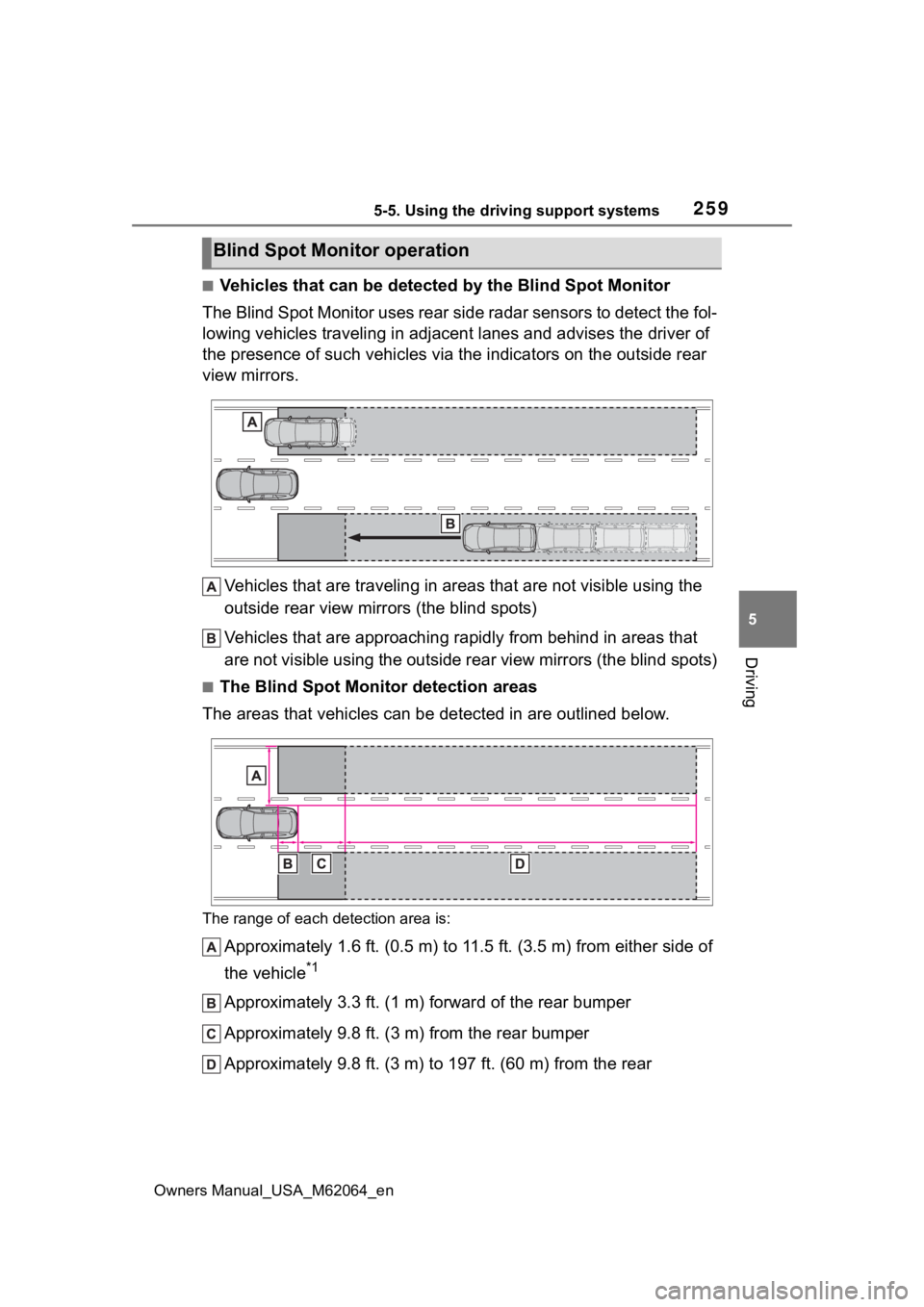 TOYOTA MIRAI 2023 Owners Manual 2595-5. Using the driving support systems
Owners Manual_USA_M62064_en
5
Driving
■Vehicles that can be detected by the Blind Spot Monitor
The Blind Spot Monitor uses rear side radar sensors to detect TOYOTA MIRAI 2023 Owners Manual 2595-5. Using the driving support systems
Owners Manual_USA_M62064_en
5
Driving
■Vehicles that can be detected by the Blind Spot Monitor
The Blind Spot Monitor uses rear side radar sensors to detect