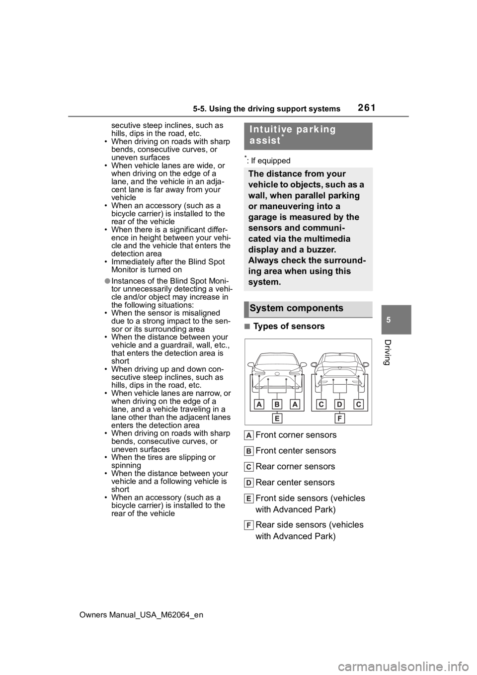 TOYOTA MIRAI 2023 User Guide 2615-5. Using the driving support systems
Owners Manual_USA_M62064_en
5
Driving
secutive steep inclines, such as 
hills, dips in the road, etc.
• When driving on roads with sharp 
bends, consecutive