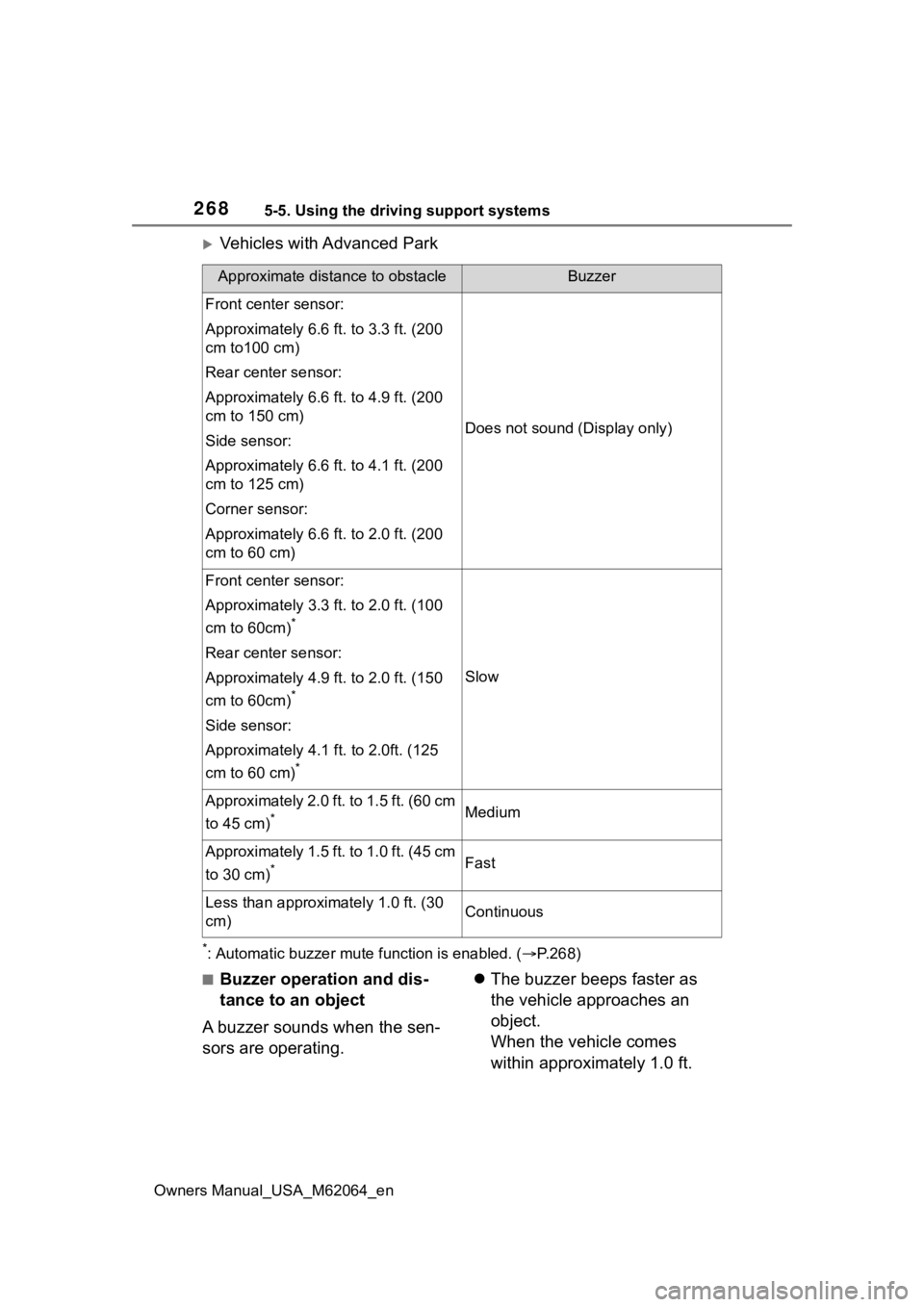 TOYOTA MIRAI 2023 Owners Manual 2685-5. Using the driving support systems
Owners Manual_USA_M62064_en
Vehicles with Advanced Park
*: Automatic buzzer mute function is enabled. (P.268)
■Buzzer operation and dis-
tance to an o TOYOTA MIRAI 2023 Owners Manual 2685-5. Using the driving support systems
Owners Manual_USA_M62064_en
Vehicles with Advanced Park
*: Automatic buzzer mute function is enabled. (P.268)
■Buzzer operation and dis-
tance to an o