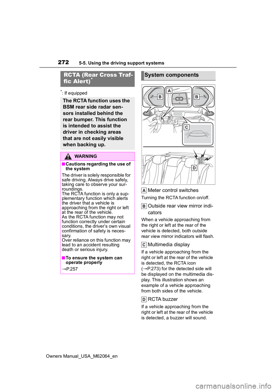 TOYOTA MIRAI 2023 Owners Manual 2725-5. Using the driving support systems
Owners Manual_USA_M62064_en
*: If equipped
Meter control switches
Turning the RCTA function on/off.
Outside rear view mirror indi-
cators
When a vehicle appro TOYOTA MIRAI 2023 Owners Manual 2725-5. Using the driving support systems
Owners Manual_USA_M62064_en
*: If equipped
Meter control switches
Turning the RCTA function on/off.
Outside rear view mirror indi-
cators
When a vehicle appro