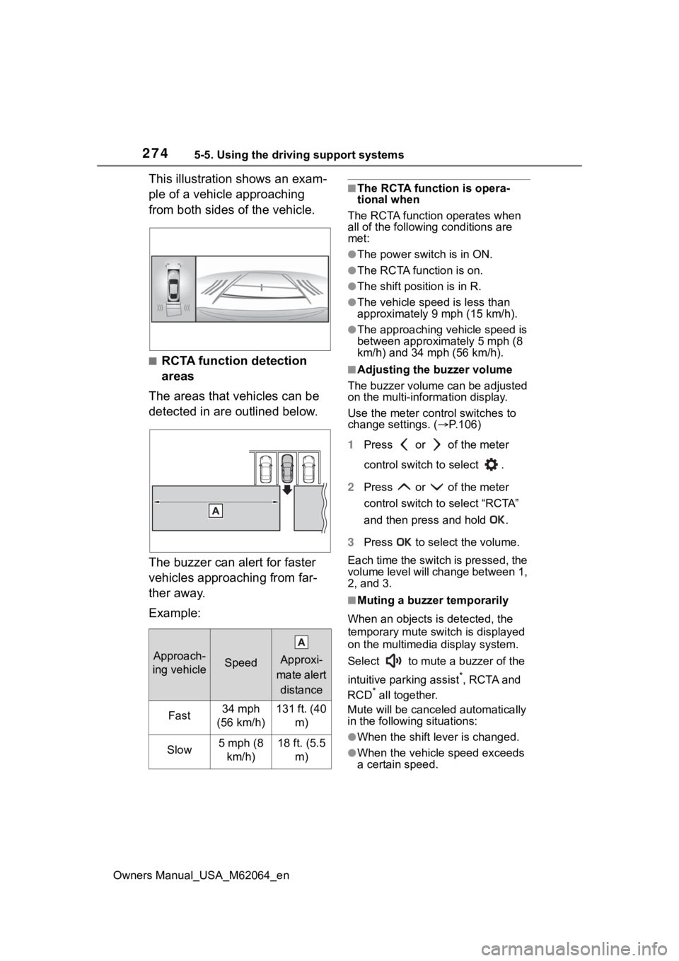 TOYOTA MIRAI 2023 Owners Manual 2745-5. Using the driving support systems
Owners Manual_USA_M62064_en
This illustration shows an exam-
ple of a vehicle approaching
from both sides of the vehicle.
■RCTA function detection
areas
T TOYOTA MIRAI 2023 Owners Manual 2745-5. Using the driving support systems
Owners Manual_USA_M62064_en
This illustration shows an exam-
ple of a vehicle approaching
from both sides of the vehicle.
■RCTA function detection
areas
T