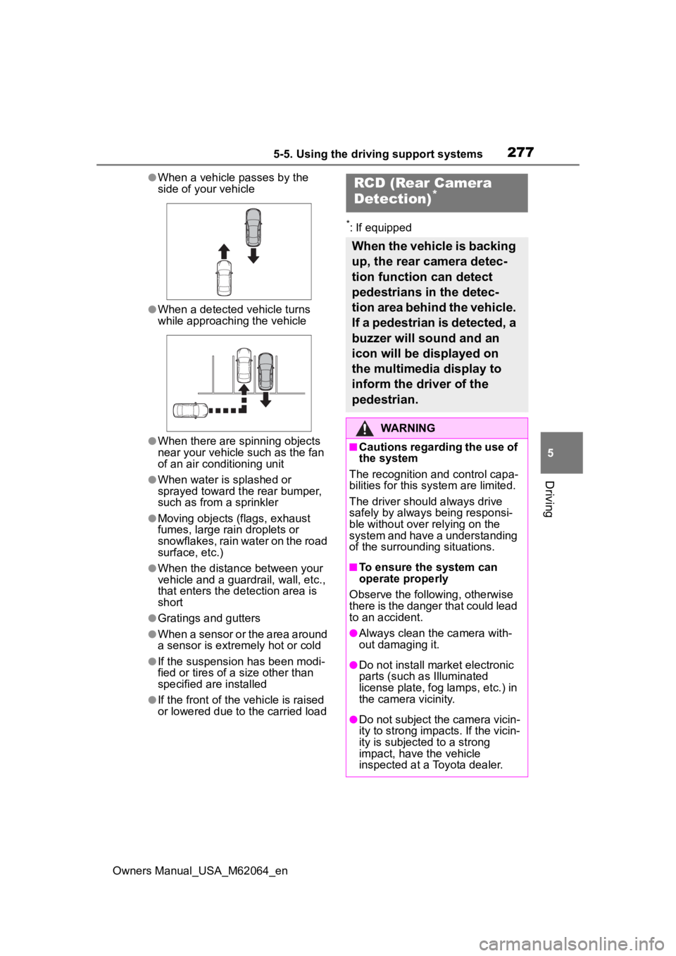 TOYOTA MIRAI 2023 User Guide 2775-5. Using the driving support systems
Owners Manual_USA_M62064_en
5
Driving
●When a vehicle passes by the 
side of your vehicle
●When a detected vehicle turns 
while approaching the vehicle
�