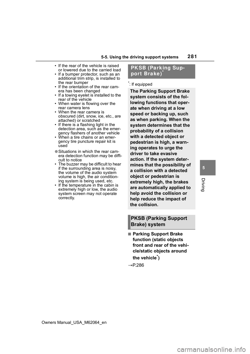 TOYOTA MIRAI 2023 Owners Manual 2815-5. Using the driving support systems
Owners Manual_USA_M62064_en
5
Driving
• If the rear of the vehicle is raised or lowered due to the carried load
• If a bumper protector, such as an
addi TOYOTA MIRAI 2023 Owners Manual 2815-5. Using the driving support systems
Owners Manual_USA_M62064_en
5
Driving
• If the rear of the vehicle is raised or lowered due to the carried load
• If a bumper protector, such as an
addi