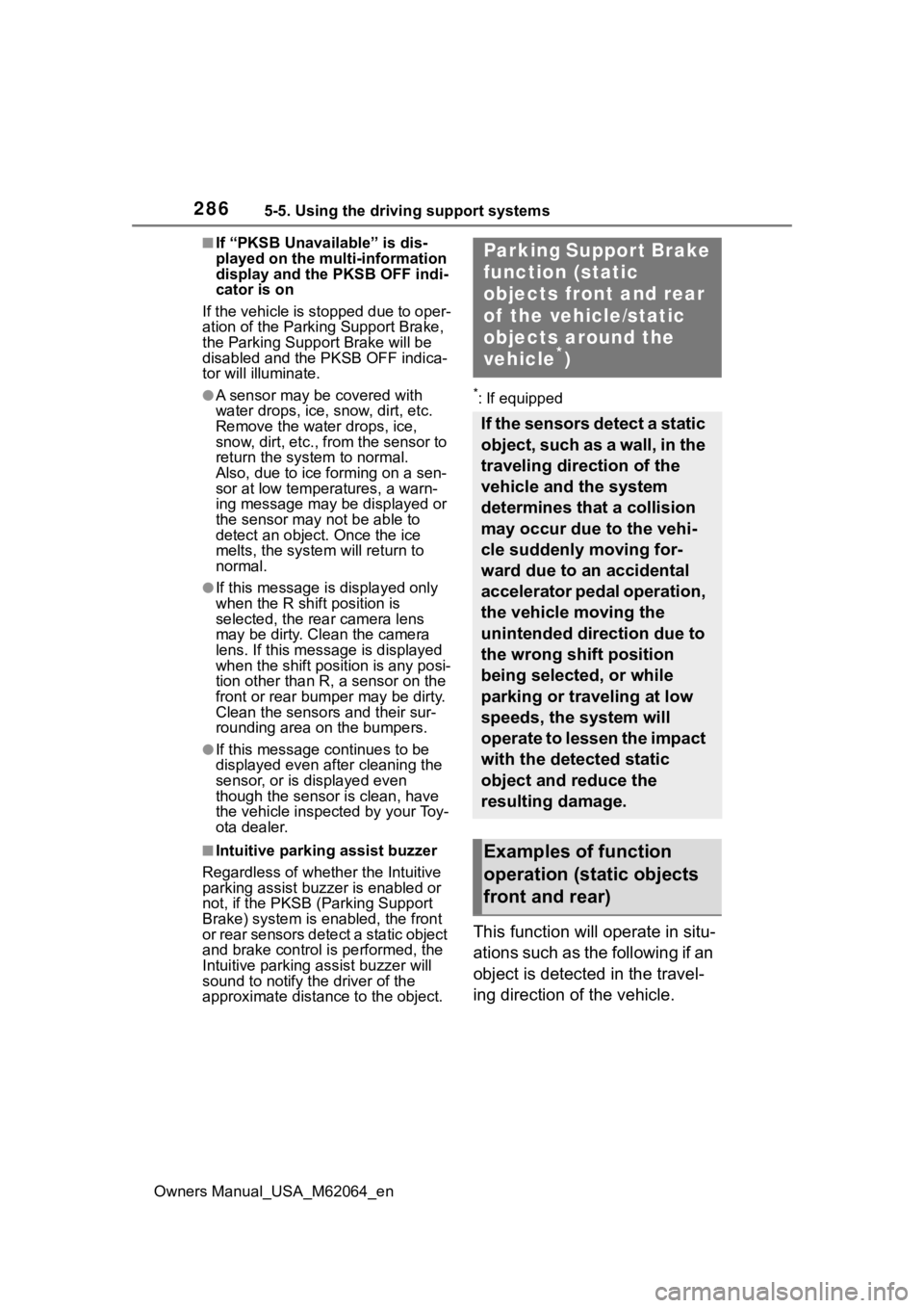 TOYOTA MIRAI 2023  Owners Manual 2865-5. Using the driving support systems
Owners Manual_USA_M62064_en
■If “PKSB Unavailable” is dis-
played on the multi-information 
display and the PKSB OFF indi-
cator is on
If the vehicle is