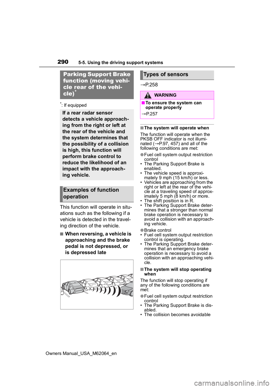 TOYOTA MIRAI 2023 User Guide 2905-5. Using the driving support systems
Owners Manual_USA_M62064_en
*: If equipped
This function will operate in situ-
ations such as the following if a
vehicle is detected in the travel-
ing direc TOYOTA MIRAI 2023 User Guide 2905-5. Using the driving support systems
Owners Manual_USA_M62064_en
*: If equipped
This function will operate in situ-
ations such as the following if a
vehicle is detected in the travel-
ing direc