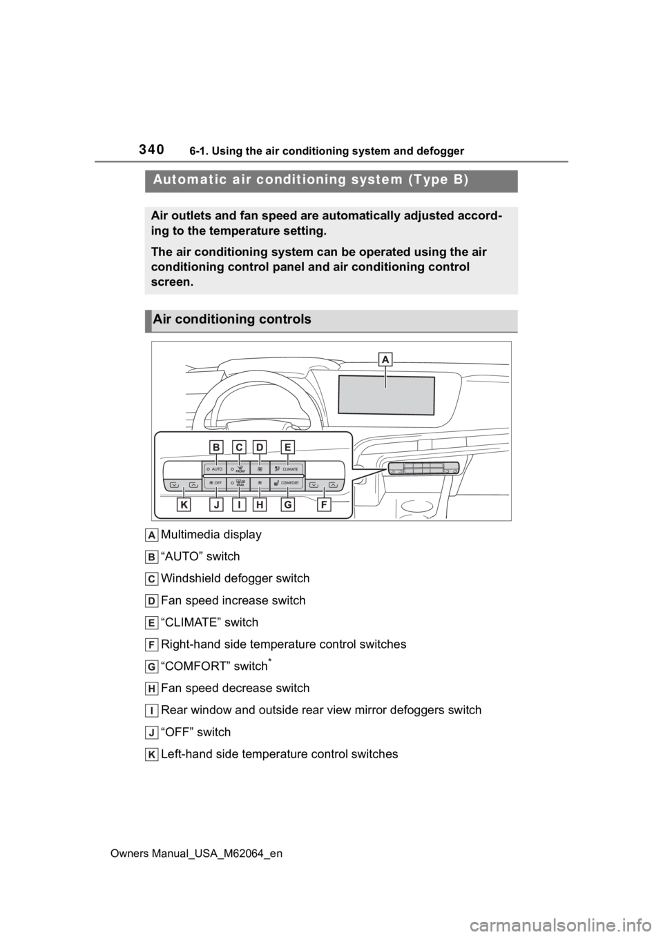 TOYOTA MIRAI 2023 Owners Manual 3406-1. Using the air conditioning system and defogger
Owners Manual_USA_M62064_en
Multimedia display
“AUTO” switch
Windshield defogger switch
Fan speed increase switch
“CLIMATE” switch
Right- TOYOTA MIRAI 2023 Owners Manual 3406-1. Using the air conditioning system and defogger
Owners Manual_USA_M62064_en
Multimedia display
“AUTO” switch
Windshield defogger switch
Fan speed increase switch
“CLIMATE” switch
Right-