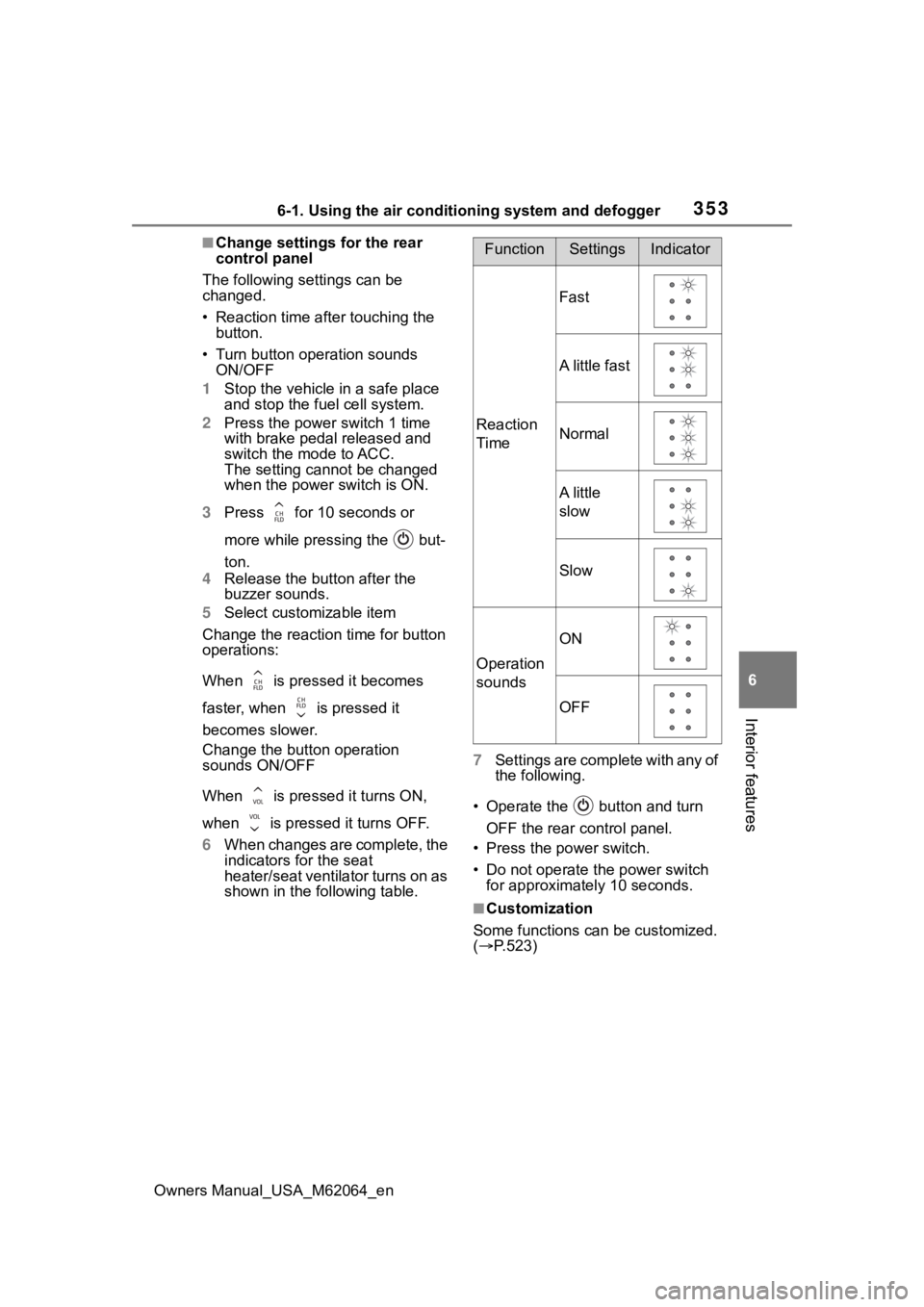 TOYOTA MIRAI 2023  Owners Manual 3536-1. Using the air conditioning system and defogger
Owners Manual_USA_M62064_en
6
Interior features
■Change settings for the rear 
control panel
The following settings can be 
changed.
• Reacti