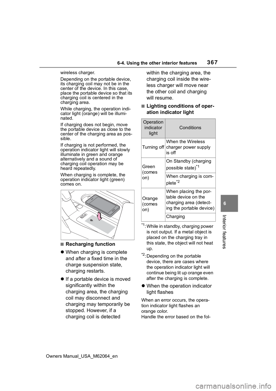 TOYOTA MIRAI 2023  Owners Manual 3676-4. Using the other interior features
Owners Manual_USA_M62064_en
6
Interior features
wireless charger.
Depending on the portable device, 
its charging coil may not be in the 
center of the device