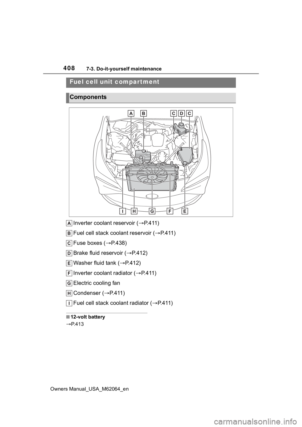 TOYOTA MIRAI 2023 Owners Manual 4087-3. Do-it-yourself maintenance
Owners Manual_USA_M62064_en
Inverter coolant reservoir ( P.411)
Fuel cell stack coolant reservoir ( P.411)
Fuse boxes ( P.438)
Brake fluid reservoir ( P. TOYOTA MIRAI 2023 Owners Manual 4087-3. Do-it-yourself maintenance
Owners Manual_USA_M62064_en
Inverter coolant reservoir ( P.411)
Fuel cell stack coolant reservoir ( P.411)
Fuse boxes ( P.438)
Brake fluid reservoir ( P.