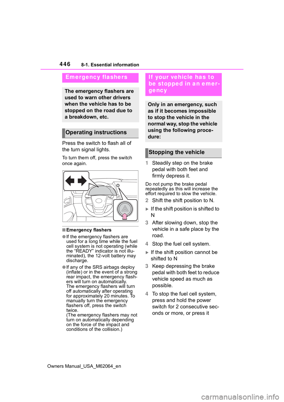 TOYOTA MIRAI 2023 Owners Manual 4468-1. Essential information
Owners Manual_USA_M62064_en
8-1.Essential information
Press the switch to flash all of
the turn signal lights.
To turn them off, press the switch
once again.
■Emergen TOYOTA MIRAI 2023 Owners Manual 4468-1. Essential information
Owners Manual_USA_M62064_en
8-1.Essential information
Press the switch to flash all of
the turn signal lights.
To turn them off, press the switch
once again.
■Emergen