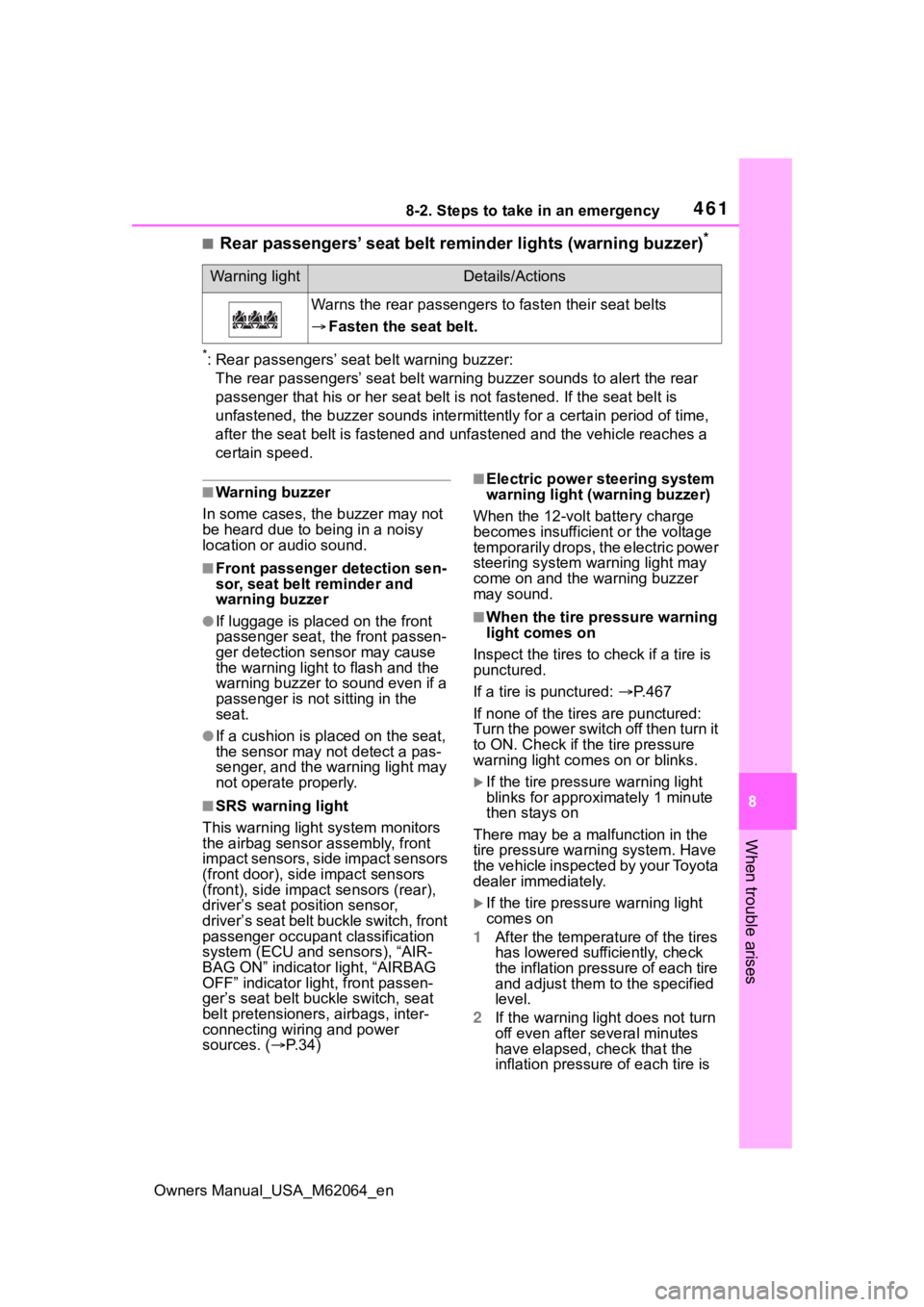 TOYOTA MIRAI 2023 Owners Manual 4618-2. Steps to take in an emergency
Owners Manual_USA_M62064_en
8
When trouble arises
■Rear passengers’ seat belt reminder lights (warning buzzer)*
*: Rear passengers’ seat belt warning buzze TOYOTA MIRAI 2023 Owners Manual 4618-2. Steps to take in an emergency
Owners Manual_USA_M62064_en
8
When trouble arises
■Rear passengers’ seat belt reminder lights (warning buzzer)*
*: Rear passengers’ seat belt warning buzze