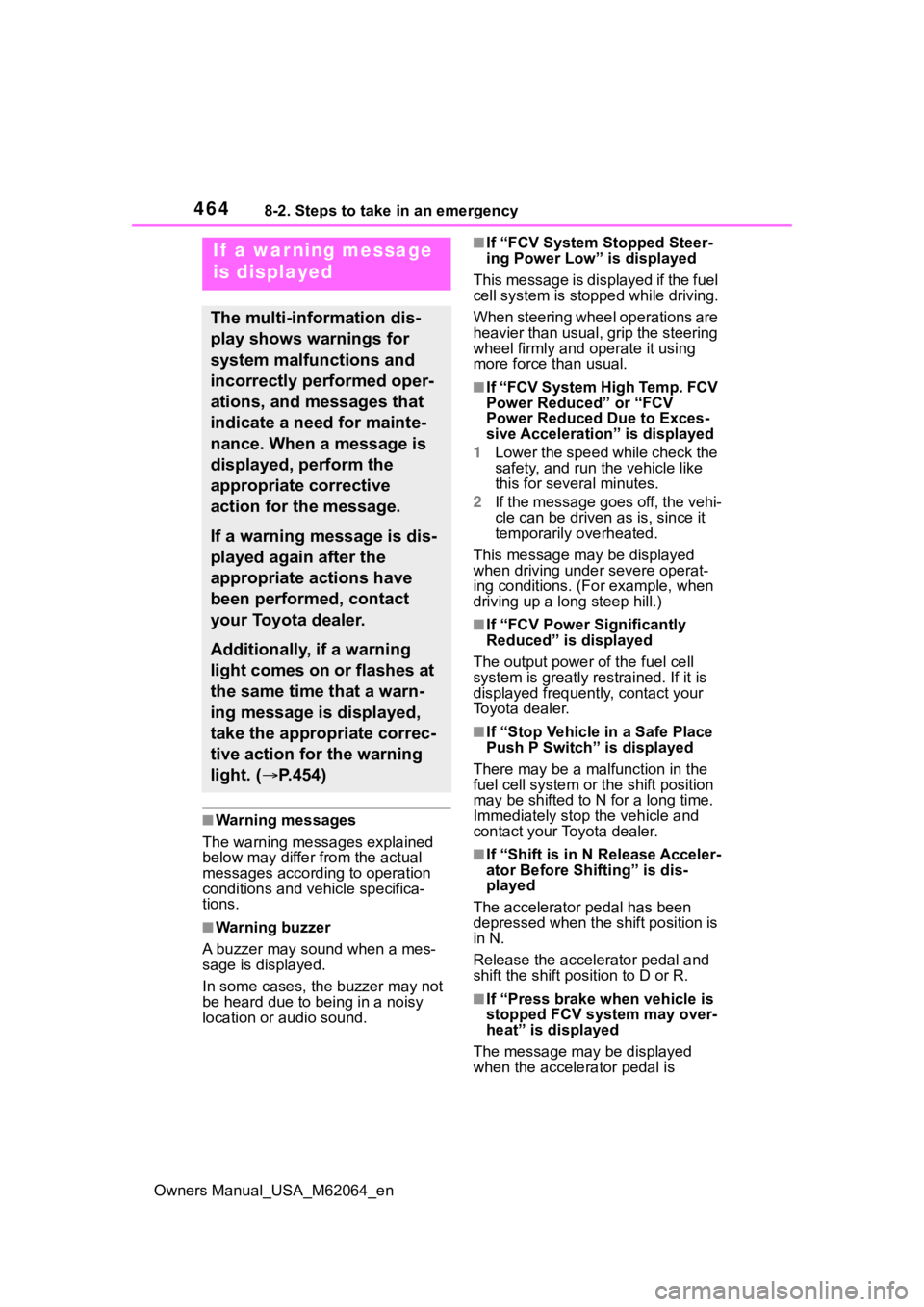 TOYOTA MIRAI 2023 Owners Manual 4648-2. Steps to take in an emergency
Owners Manual_USA_M62064_en
■Warning messages
The warning messages explained
below may differ from the actual
messages according to operation
conditions and TOYOTA MIRAI 2023 Owners Manual 4648-2. Steps to take in an emergency
Owners Manual_USA_M62064_en
■Warning messages
The warning messages explained
below may differ from the actual
messages according to operation
conditions and
