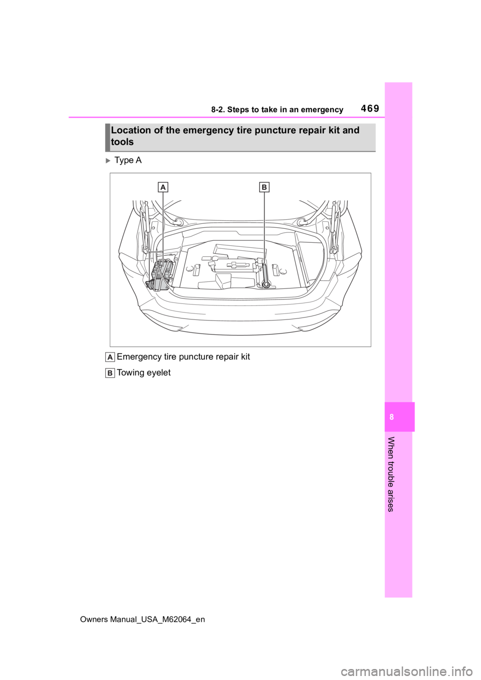 TOYOTA MIRAI 2023 Owners Manual 4698-2. Steps to take in an emergency
Owners Manual_USA_M62064_en
8
When trouble arises
Ty p e A Emergency tire puncture repair kit
Towing eyelet
Location of the emergency ti re puncture repair kit TOYOTA MIRAI 2023 Owners Manual 4698-2. Steps to take in an emergency
Owners Manual_USA_M62064_en
8
When trouble arises
Ty p e A Emergency tire puncture repair kit
Towing eyelet
Location of the emergency ti re puncture repair kit