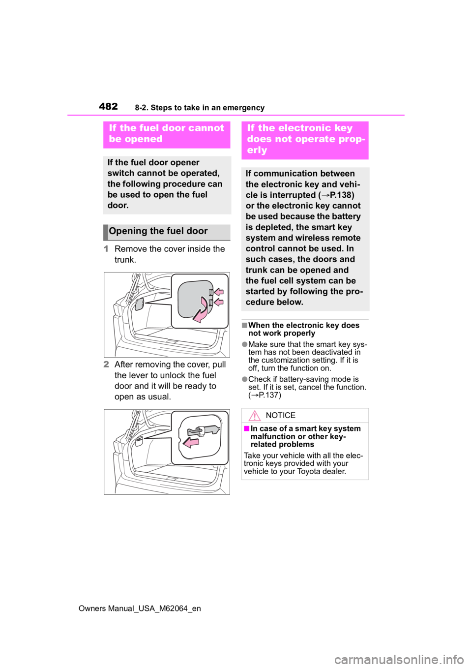 TOYOTA MIRAI 2023 Owners Manual 4828-2. Steps to take in an emergency
Owners Manual_USA_M62064_en
1Remove the cover inside the
trunk.
2 After removing the cover, pull
the lever to unlock the fuel
door and it will be ready to
ope TOYOTA MIRAI 2023 Owners Manual 4828-2. Steps to take in an emergency
Owners Manual_USA_M62064_en
1Remove the cover inside the
trunk.
2 After removing the cover, pull
the lever to unlock the fuel
door and it will be ready to
ope