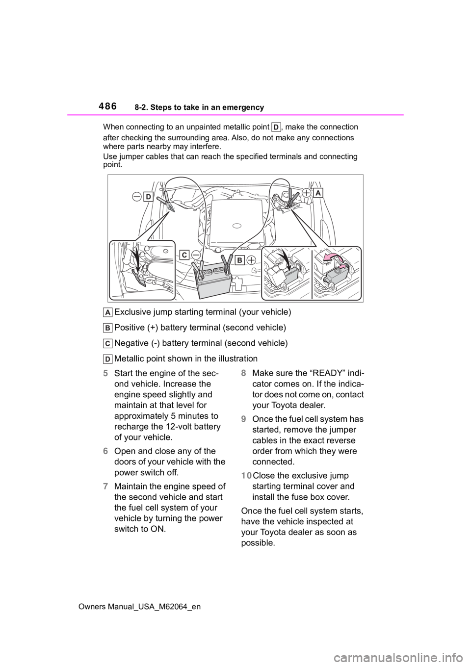 TOYOTA MIRAI 2023 Owners Manual 4868-2. Steps to take in an emergency
Owners Manual_USA_M62064_enWhen connecting to an unpaint
ed metallic point , make the connection
after checking the surrounding a rea. Also, do not make any con TOYOTA MIRAI 2023 Owners Manual 4868-2. Steps to take in an emergency
Owners Manual_USA_M62064_enWhen connecting to an unpaint
ed metallic point , make the connection
after checking the surrounding a rea. Also, do not make any con