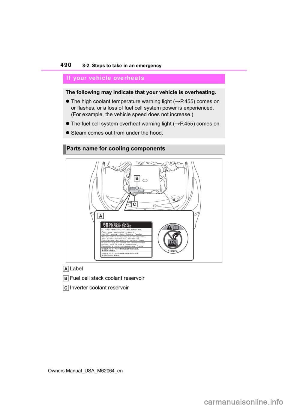 TOYOTA MIRAI 2023 Owners Manual 4908-2. Steps to take in an emergency
Owners Manual_USA_M62064_en
Label
Fuel cell stack coolant reservoir
Inverter coolant reservoir
If your vehicle overheats
The following may indicate that your veh TOYOTA MIRAI 2023 Owners Manual 4908-2. Steps to take in an emergency
Owners Manual_USA_M62064_en
Label
Fuel cell stack coolant reservoir
Inverter coolant reservoir
If your vehicle overheats
The following may indicate that your veh