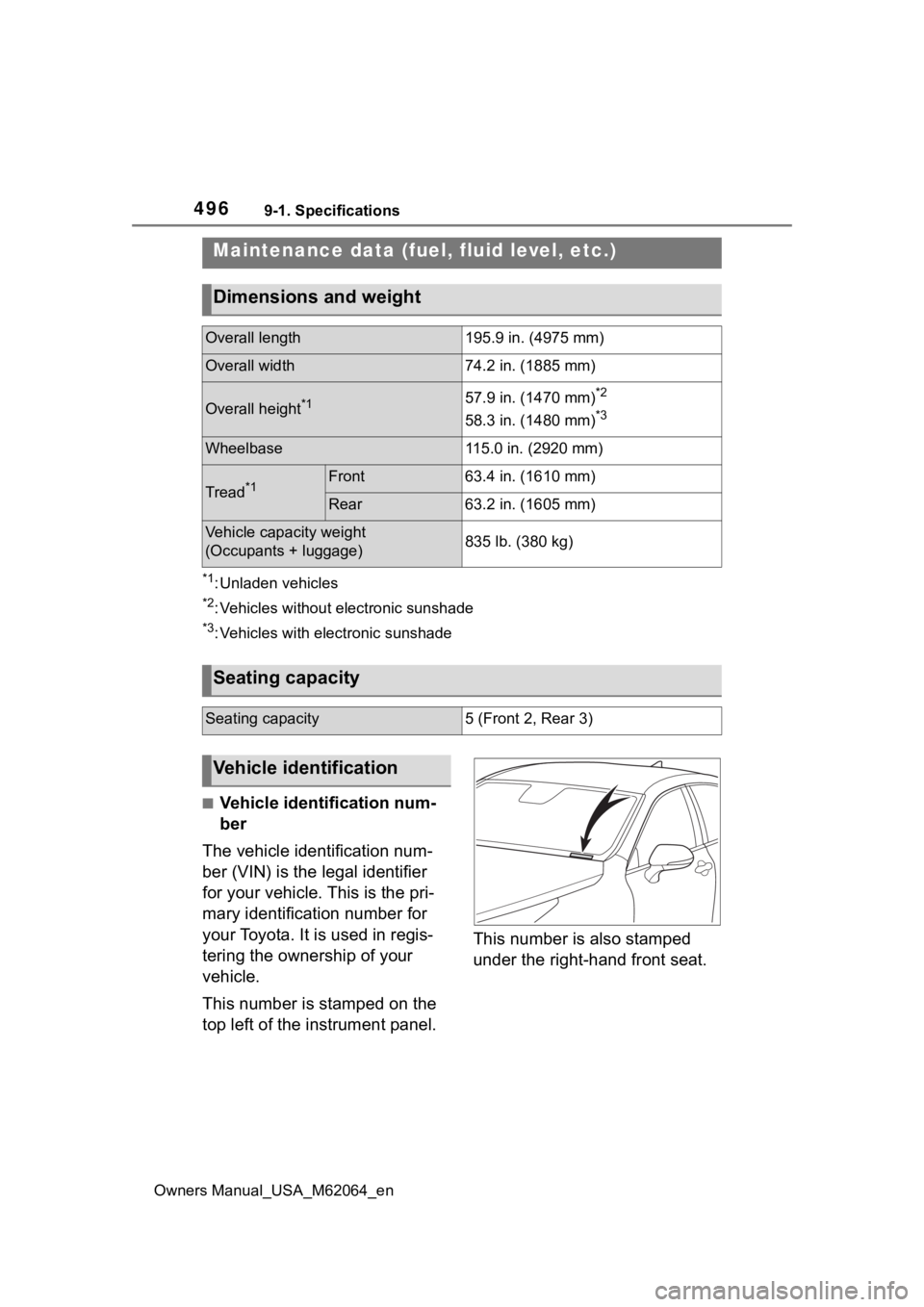 TOYOTA MIRAI 2023 Owners Manual 4969-1. Specifications
Owners Manual_USA_M62064_en
9-1.Specifications
*1: Unladen vehicles
*2: Vehicles without electronic sunshade
*3: Vehicles with electronic sunshade
■Vehicle identification num- TOYOTA MIRAI 2023 Owners Manual 4969-1. Specifications
Owners Manual_USA_M62064_en
9-1.Specifications
*1: Unladen vehicles
*2: Vehicles without electronic sunshade
*3: Vehicles with electronic sunshade
■Vehicle identification num-