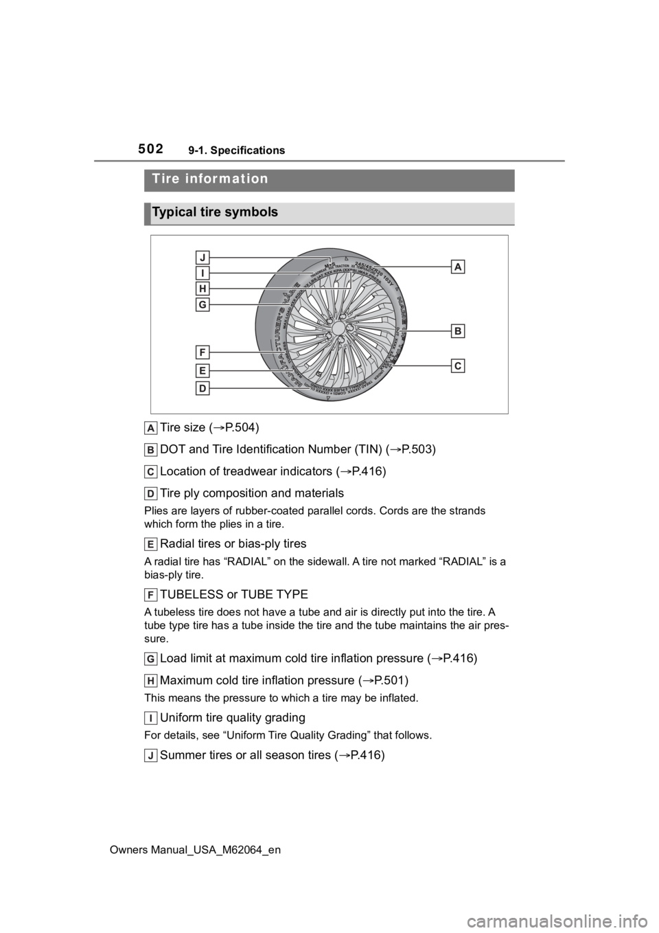 TOYOTA MIRAI 2023 Owners Manual 5029-1. Specifications
Owners Manual_USA_M62064_en
Tire size (P.504)
DOT and Tire Identification Number (TIN) ( P.503)
Location of treadwear indicators ( P.416)
Tire ply composition and mater TOYOTA MIRAI 2023 Owners Manual 5029-1. Specifications
Owners Manual_USA_M62064_en
Tire size (P.504)
DOT and Tire Identification Number (TIN) ( P.503)
Location of treadwear indicators ( P.416)
Tire ply composition and mater