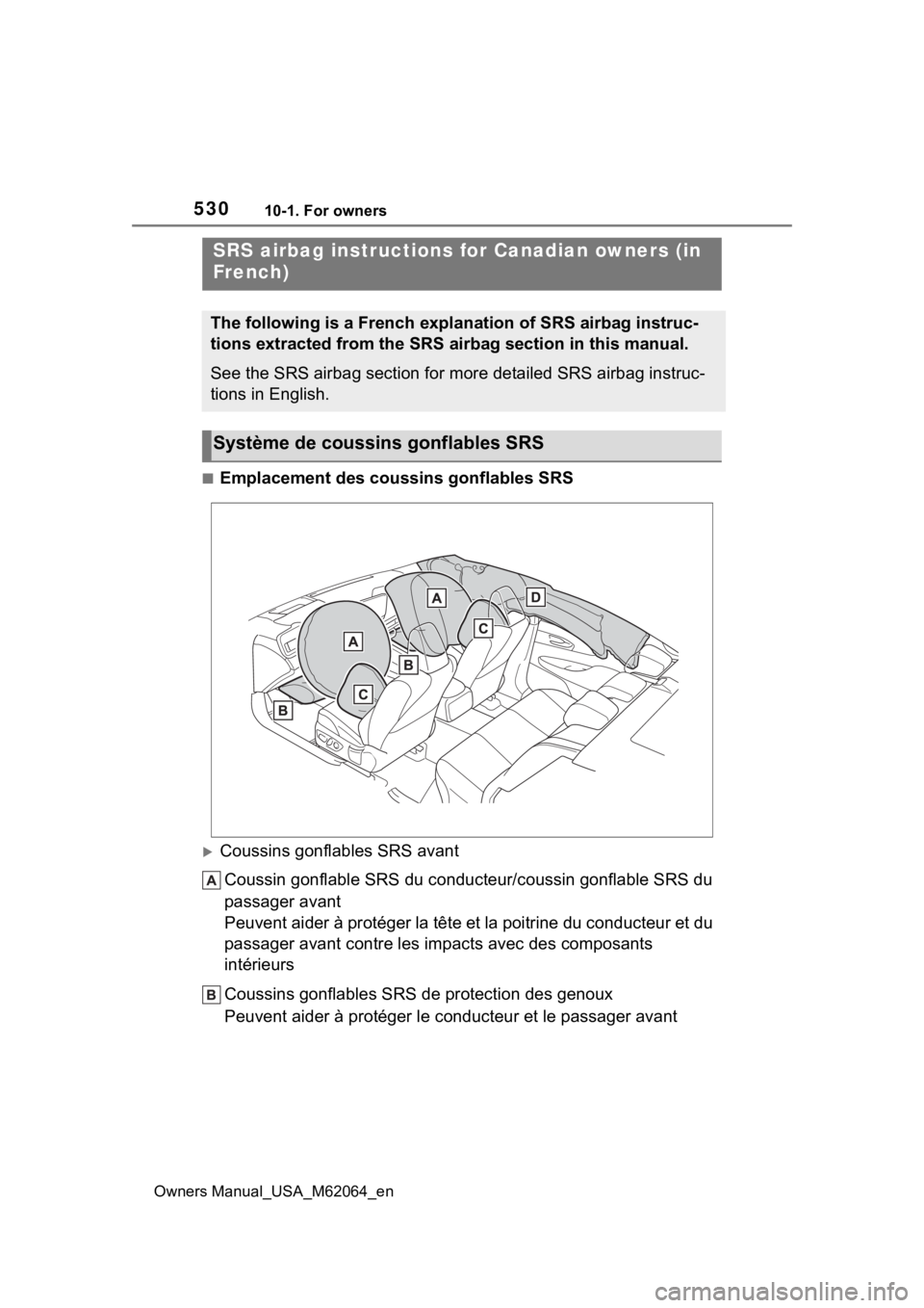 TOYOTA MIRAI 2023 Owners Manual 53010-1. For owners
Owners Manual_USA_M62064_en
■Emplacement des coussins gonflables SRS
Coussins gonflables SRS avantCoussin gonflable SRS du conducteur/coussin gonflable SRS du
passager avant
TOYOTA MIRAI 2023 Owners Manual 53010-1. For owners
Owners Manual_USA_M62064_en
■Emplacement des coussins gonflables SRS
Coussins gonflables SRS avantCoussin gonflable SRS du conducteur/coussin gonflable SRS du
passager avant