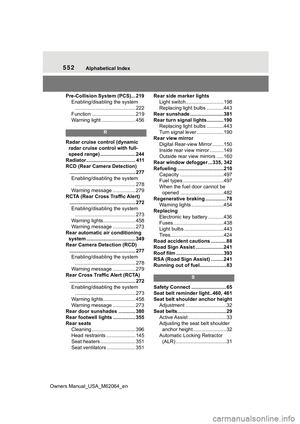 TOYOTA MIRAI 2023  Owners Manual 552Alphabetical Index
Owners Manual_USA_M62064_en
Pre-Collision System (PCS)... 219 Enabling/disabling the system........................................... 222
Function ..............................