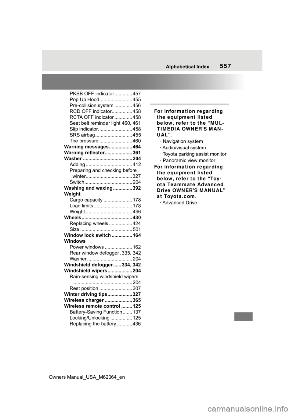 TOYOTA MIRAI 2023  Owners Manual Owners Manual_USA_M62064_en
Alphabetical Index557
PKSB OFF indicator ............. 457
Pop Up Hood........................ 455
Pre-collision system ............. 456
RCD OFF indicator............... 4