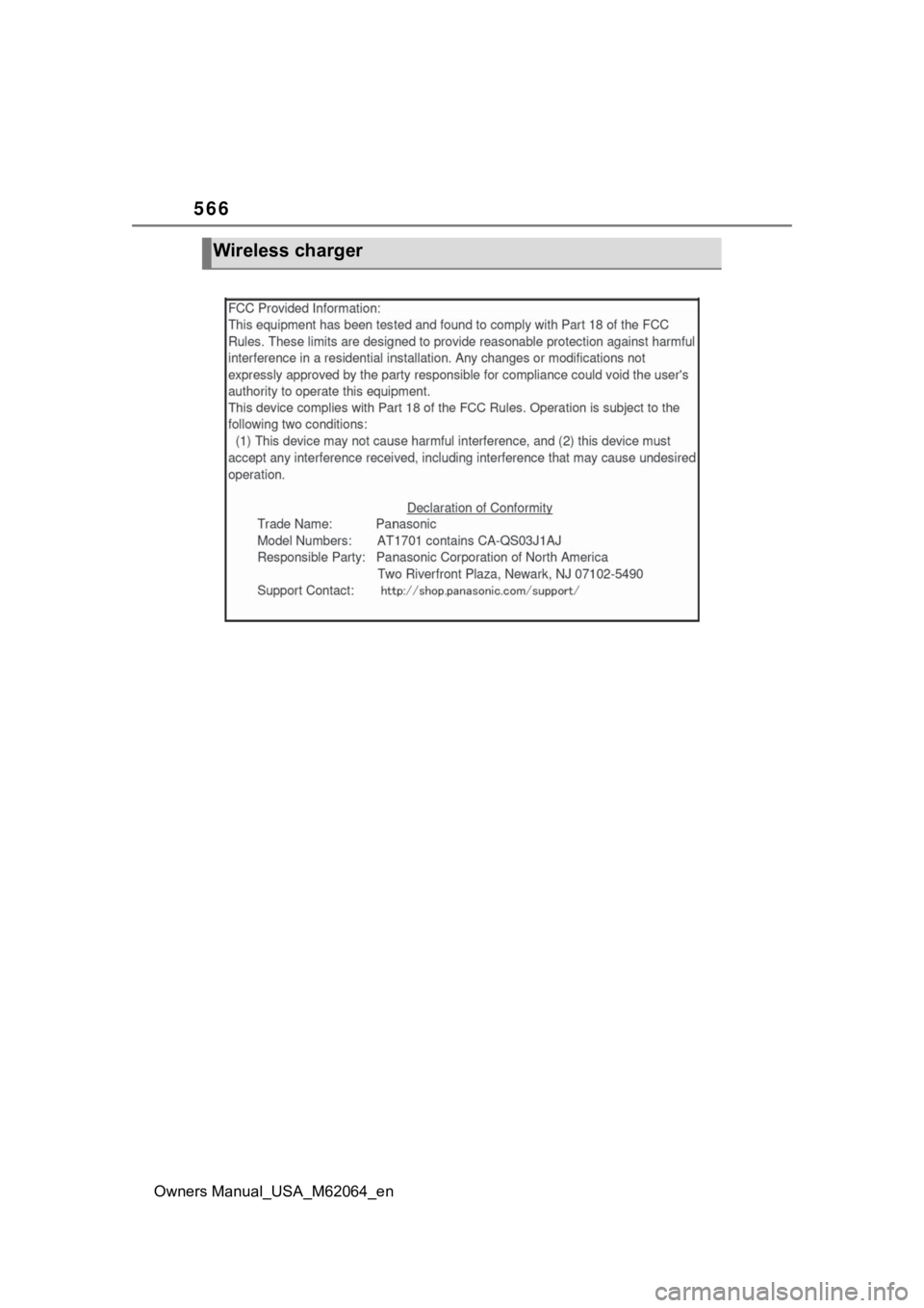 TOYOTA MIRAI 2023  Owners Manual 566
Owners Manual_USA_M62064_en
Wireless charger 