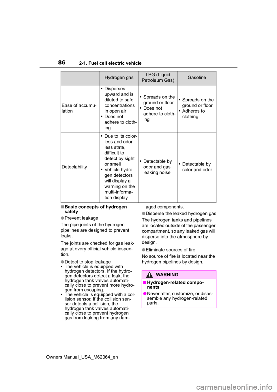 TOYOTA MIRAI 2023 Manual Online 862-1. Fuel cell electric vehicle
Owners Manual_USA_M62064_en
■Basic concepts of hydrogen
safety
●Prevent leakage
The pipe joints o f the hydrogen
pipelines are designed to prevent
leaks.
The j TOYOTA MIRAI 2023 Manual Online 862-1. Fuel cell electric vehicle
Owners Manual_USA_M62064_en
■Basic concepts of hydrogen
safety
●Prevent leakage
The pipe joints o f the hydrogen
pipelines are designed to prevent
leaks.
The j