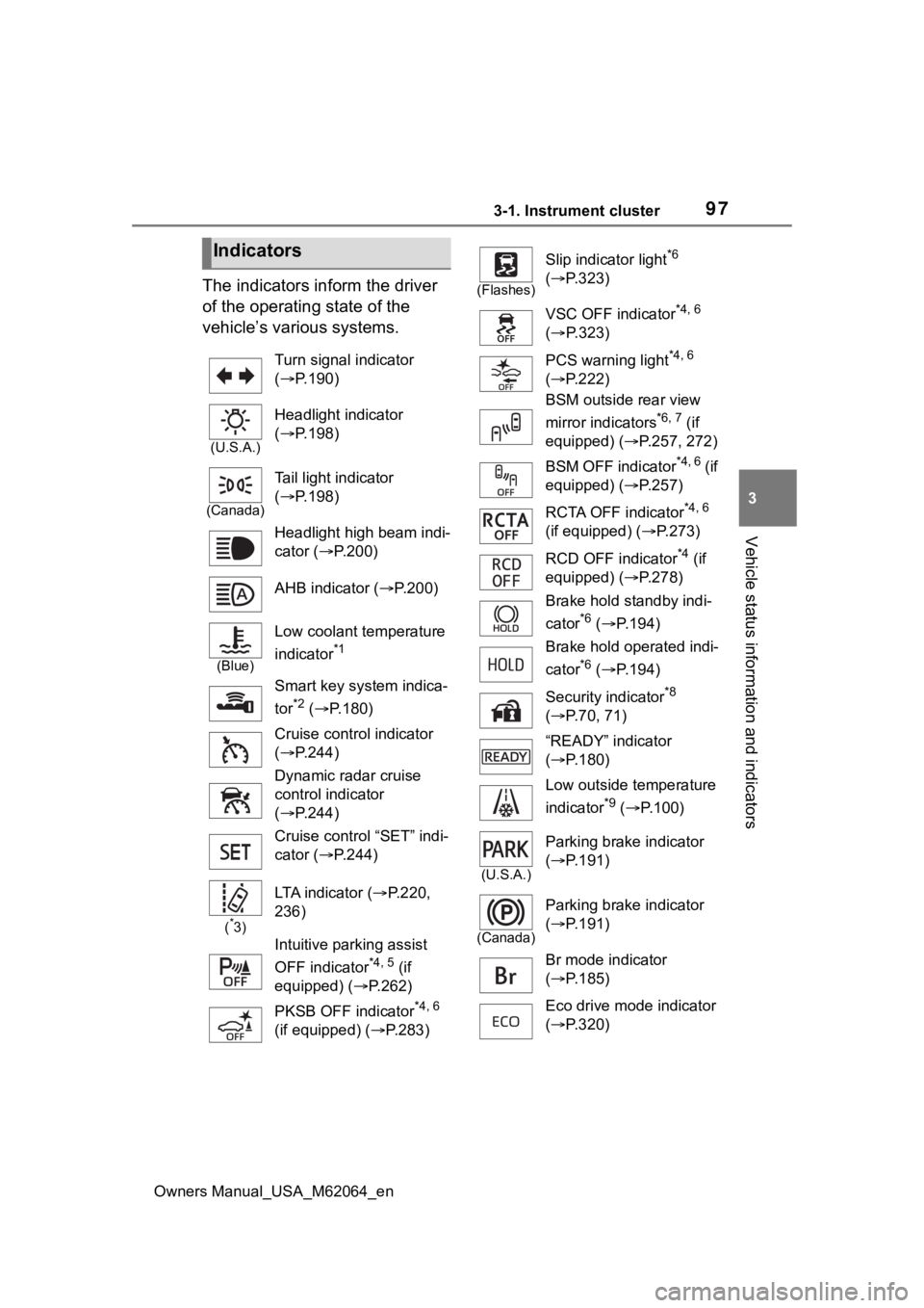 TOYOTA MIRAI 2023  Owners Manual 973-1. Instrument cluster
Owners Manual_USA_M62064_en
3
Vehicle status information and indicators
The indicators inform the driver 
of the operating state of the 
vehicle’s various systems.
Indicato