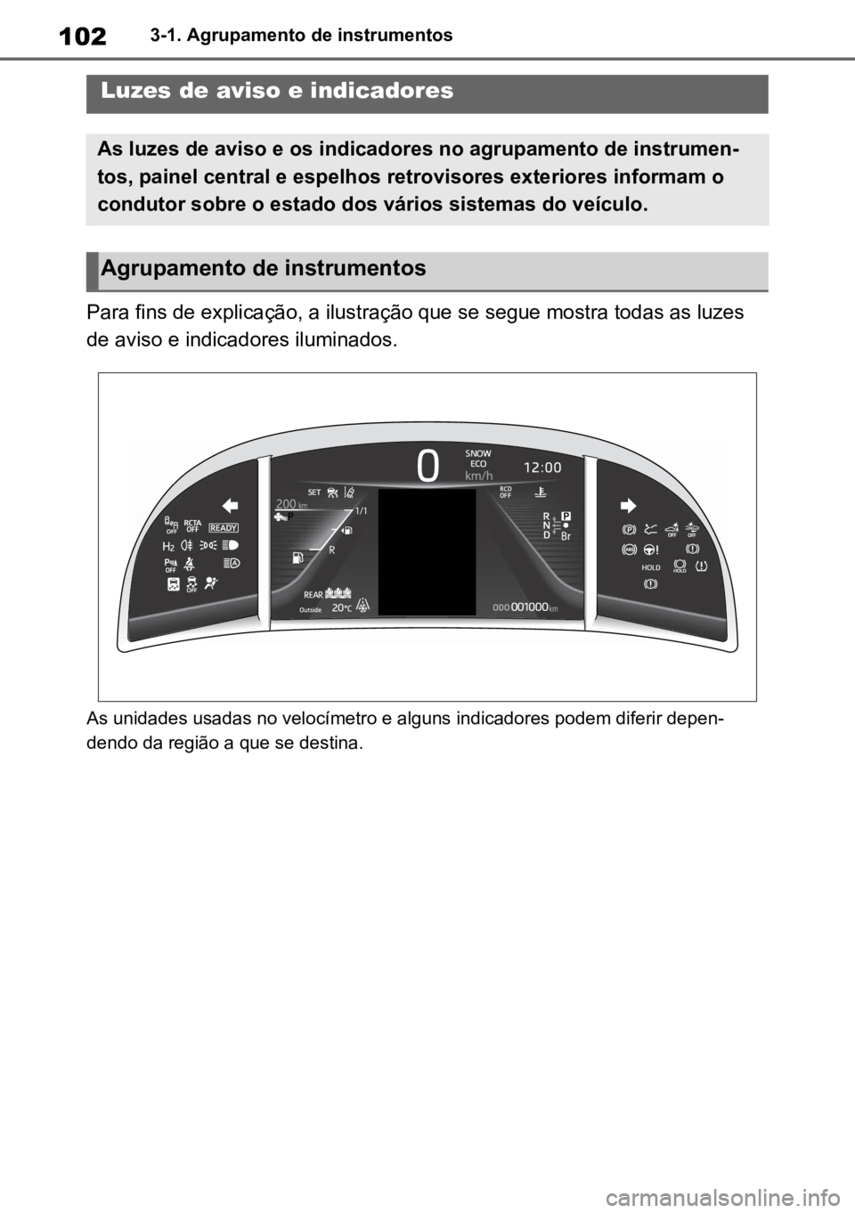 TOYOTA MIRAI 2023 Manual de utilização (in Portuguese) 1023-1. Agrupamento de instrumentos
3-1.Agrupamento de instrumentos
Para fins de explicação, a ilustração que se segue mostra todas as luzes
de aviso e indicadores iluminados.
As unidades usadas TOYOTA MIRAI 2023 Manual de utilização (in Portuguese) 1023-1. Agrupamento de instrumentos
3-1.Agrupamento de instrumentos
Para fins de explicação, a ilustração que se segue mostra todas as luzes
de aviso e indicadores iluminados.
As unidades usadas