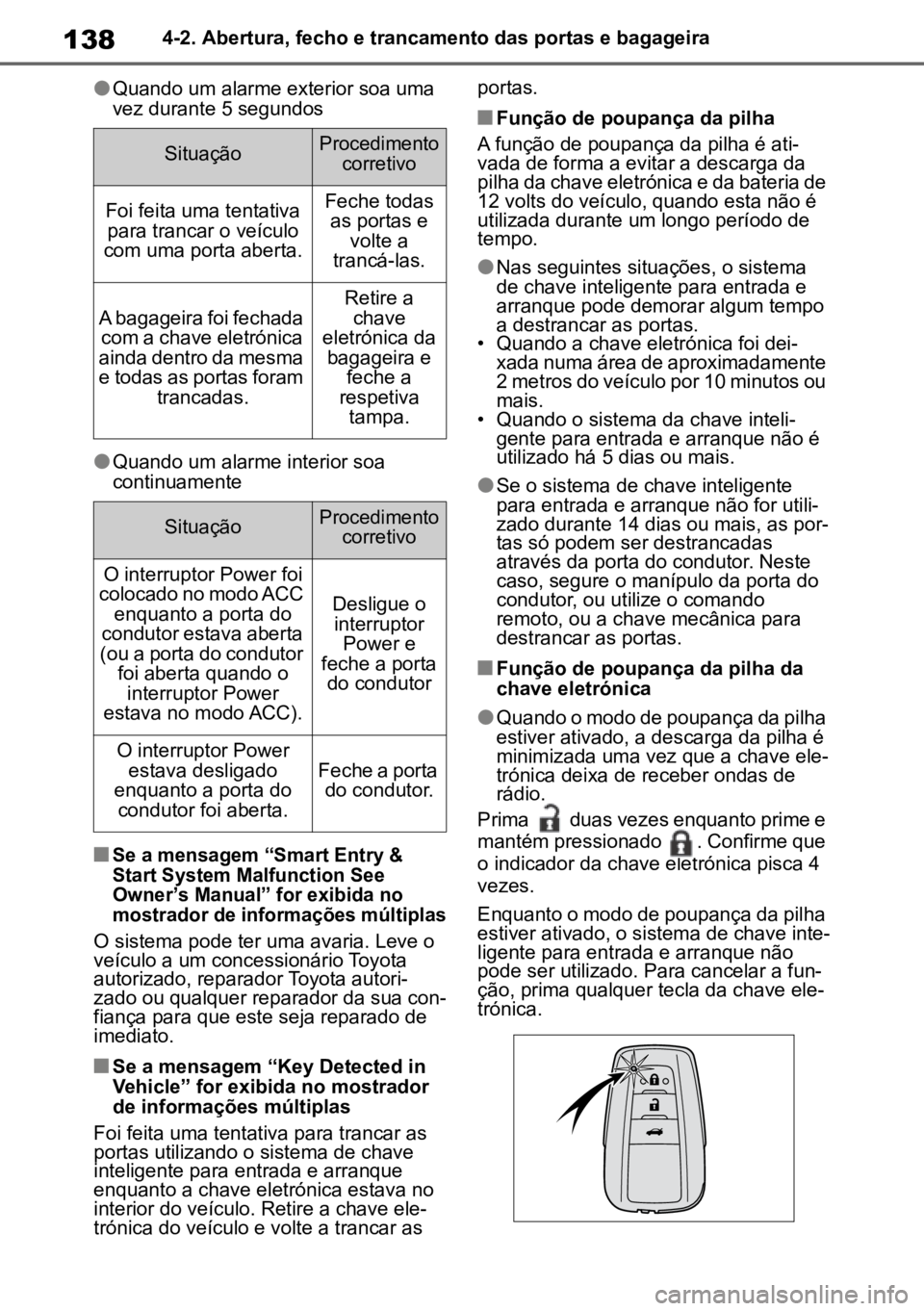 TOYOTA MIRAI 2023 Manual de utilização (in Portuguese) 1384-2. Abertura, fecho e trancamento das portas e bagageira
lQuando um alarme exterior soa uma
vez durante 5 segundos
lQuando um alarme interior soa
continuamente
n
Se a mensagem “Smart Entry &
TOYOTA MIRAI 2023 Manual de utilização (in Portuguese) 1384-2. Abertura, fecho e trancamento das portas e bagageira
lQuando um alarme exterior soa uma
vez durante 5 segundos
lQuando um alarme interior soa
continuamente
n
Se a mensagem “Smart Entry &