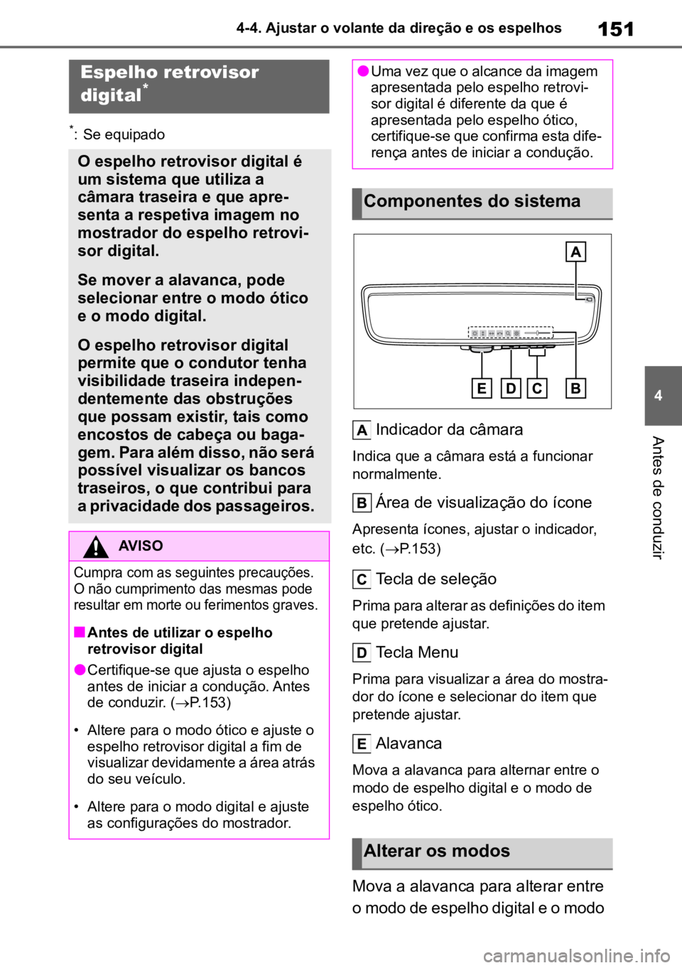 TOYOTA MIRAI 2023 Manual de utilização (in Portuguese) 151
4
4-4. Ajustar o volante da direção e os espelhos
Antes de conduzir
*: Se equipado
Indicador da câmara
Indica que a câmara está a funcionar
normalmente.
Área de visualização do ícone
Apr TOYOTA MIRAI 2023 Manual de utilização (in Portuguese) 151
4
4-4. Ajustar o volante da direção e os espelhos
Antes de conduzir
*: Se equipado
Indicador da câmara
Indica que a câmara está a funcionar
normalmente.
Área de visualização do ícone
Apr