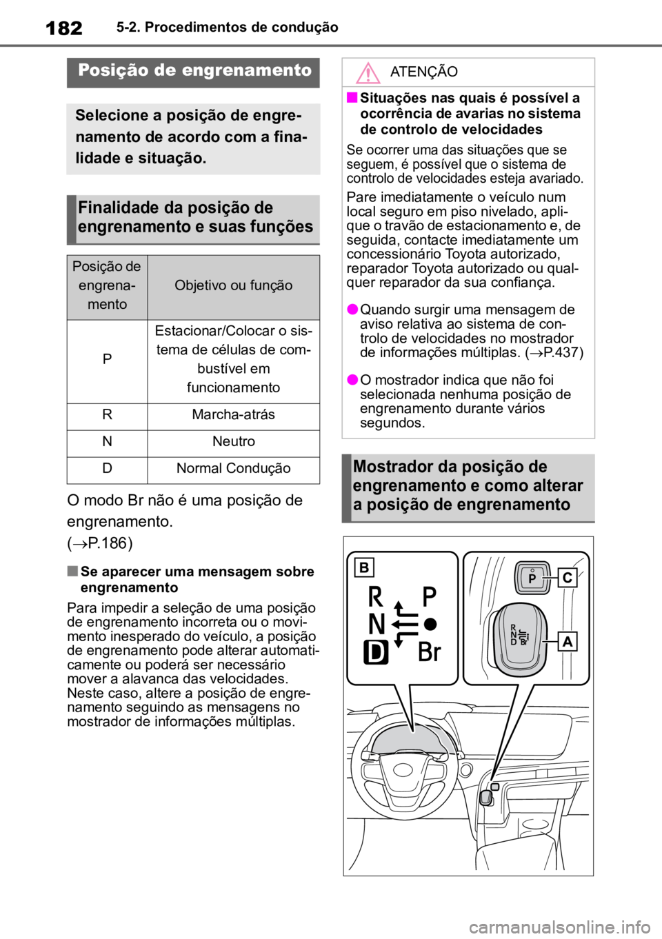 TOYOTA MIRAI 2023 Manual de utilização (in Portuguese) 1825-2. Procedimentos de condução
O modo Br não é uma posição de
engrenamento.
( P.186)
nSe aparecer uma mensagem sobre
engrenamento
Para impedir a seleção de uma posição
de engrenamen TOYOTA MIRAI 2023 Manual de utilização (in Portuguese) 1825-2. Procedimentos de condução
O modo Br não é uma posição de
engrenamento.
( P.186)
nSe aparecer uma mensagem sobre
engrenamento
Para impedir a seleção de uma posição
de engrenamen