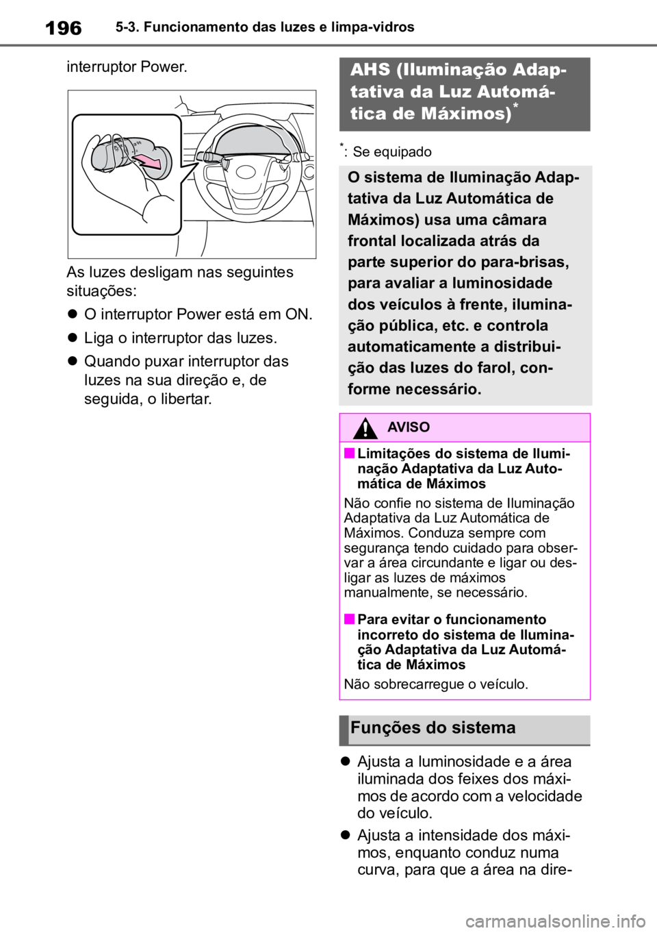 TOYOTA MIRAI 2023 Manual de utilização (in Portuguese) 1965-3. Funcionamento das luzes e limpa-vidros
interruptor Power.
As luzes desligam nas seguintes
situações:
O interruptor Power está em ON.
Liga o interruptor das luzes.
Quando puxa TOYOTA MIRAI 2023 Manual de utilização (in Portuguese) 1965-3. Funcionamento das luzes e limpa-vidros
interruptor Power.
As luzes desligam nas seguintes
situações:
O interruptor Power está em ON.
Liga o interruptor das luzes.
Quando puxa