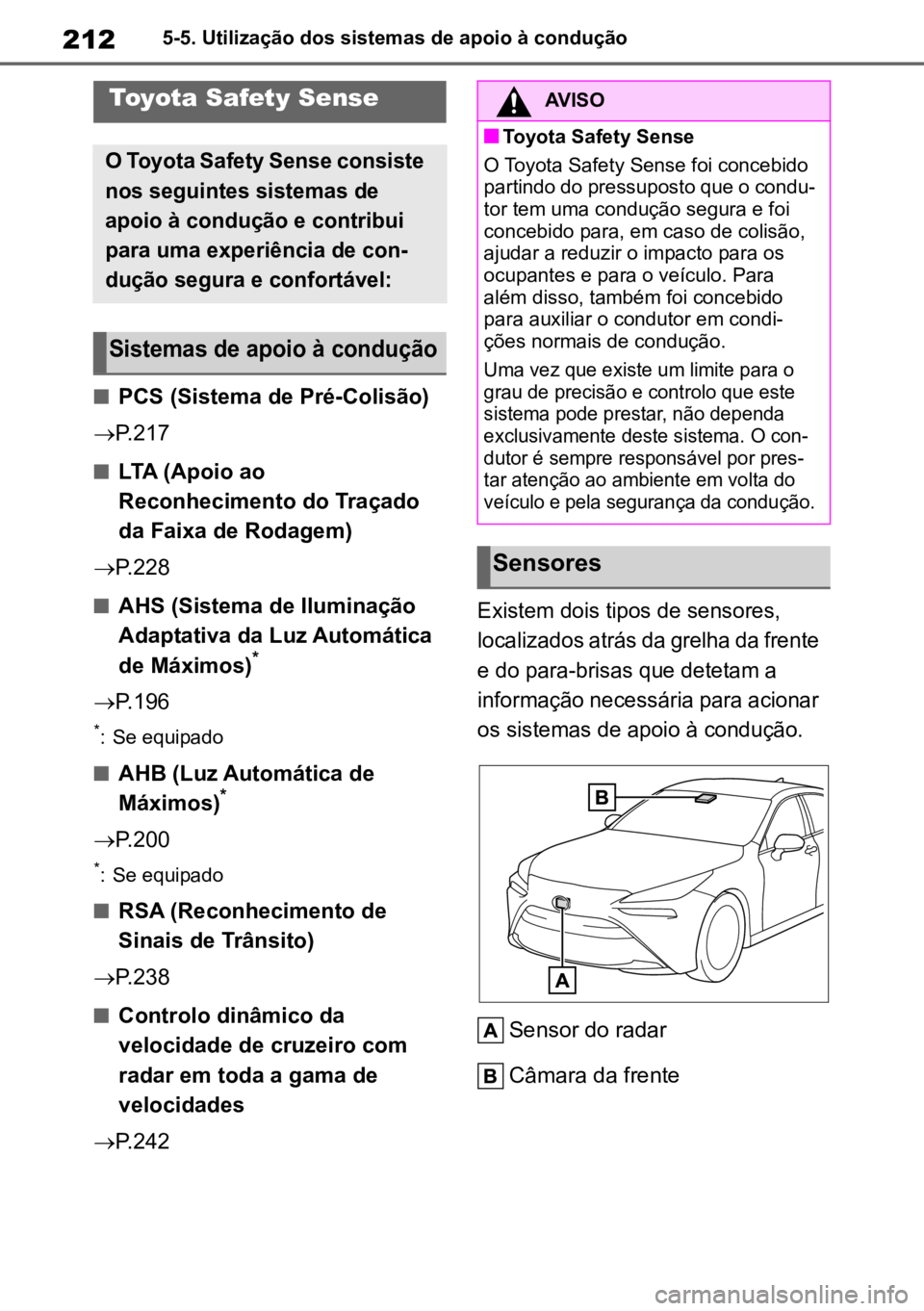 TOYOTA MIRAI 2023  Manual de utilização (in Portuguese) 2125-5. Utilização dos sistemas de apoio à condução
5-5.Utilização dos sistemas de apoio à condução
nPCS (Sistema de Pré-Colisão)
 P.217
nLTA (Apoio ao 
Reconhecimento do Traçado 
da F