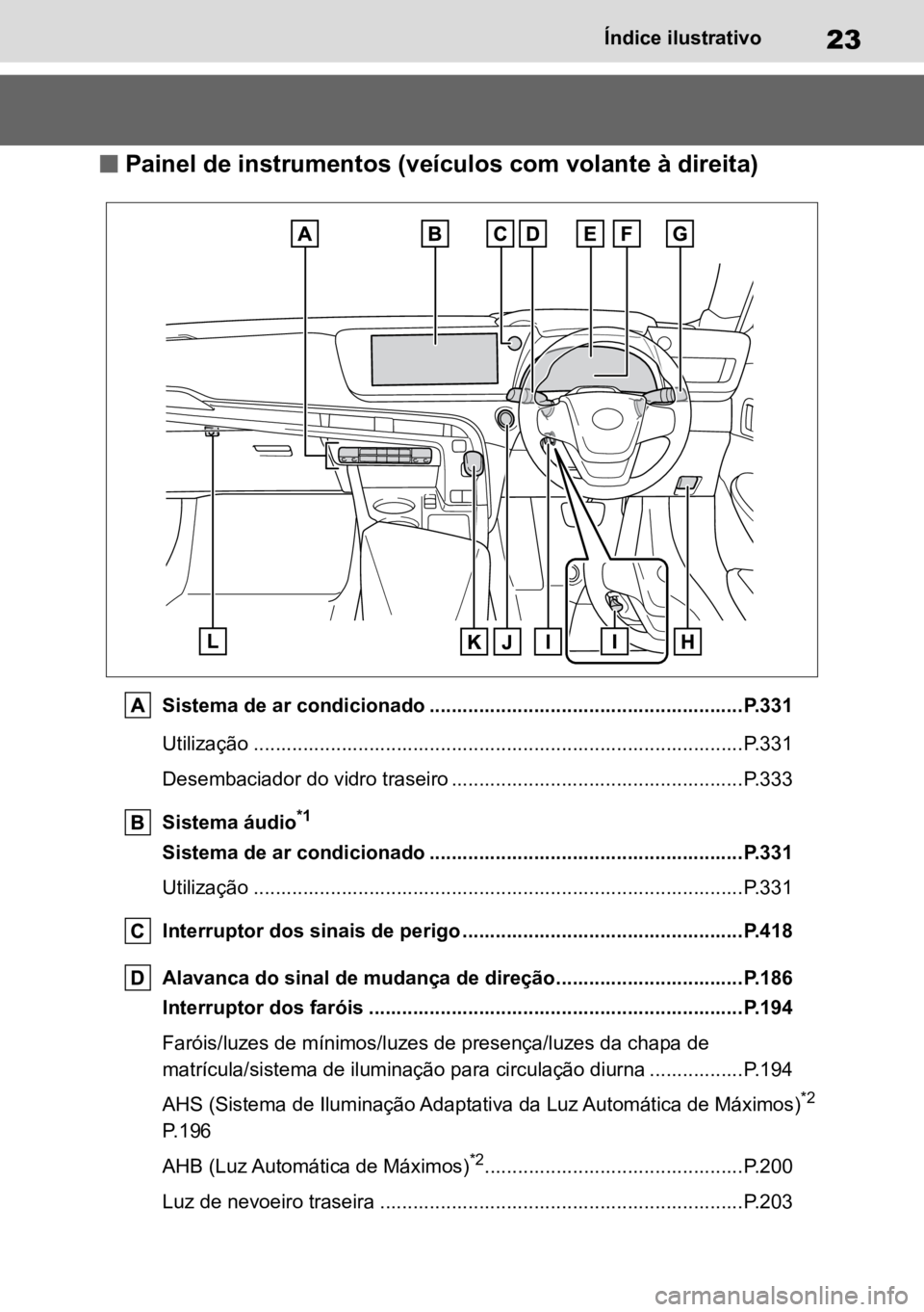 TOYOTA MIRAI 2023 Manual de utilização (in Portuguese) 23Índice ilustrativo
n Painel de instrumentos (veículos com volante à direita)
Sistema de ar condicionado .........................................................P.331Utilização ................ TOYOTA MIRAI 2023 Manual de utilização (in Portuguese) 23Índice ilustrativo
n Painel de instrumentos (veículos com volante à direita)
Sistema de ar condicionado .........................................................P.331Utilização ................