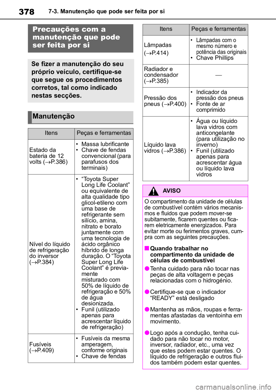 TOYOTA MIRAI 2023 Manual de utilização (in Portuguese) 3787-3. Manutenção que pode ser feita por si
7-3.Manutenção que pode ser feita por siPrecauções com a
manutenção que pode
ser feita por si
Se fizer a manutenção do seu
próprio veículo, TOYOTA MIRAI 2023 Manual de utilização (in Portuguese) 3787-3. Manutenção que pode ser feita por si
7-3.Manutenção que pode ser feita por siPrecauções com a
manutenção que pode
ser feita por si
Se fizer a manutenção do seu
próprio veículo,